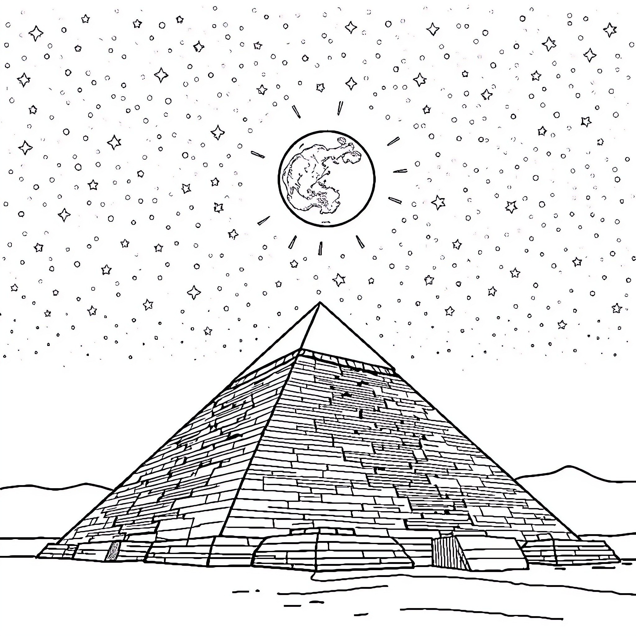 Pyramid under a starry night sky Coloring Page (free black-and-white line drawing printable PDF for all, from beginners to advanced learners, including children, teens, adults, and seniors)