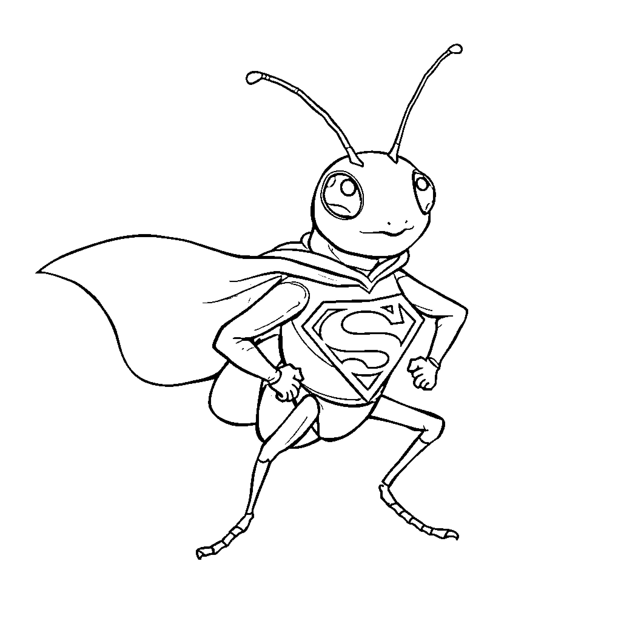 Cricket Superhero Ant in Costume Coloring Page (free black-and-white line drawing printable PDF for all, from beginners to advanced learners, including children, teens, adults, and seniors)