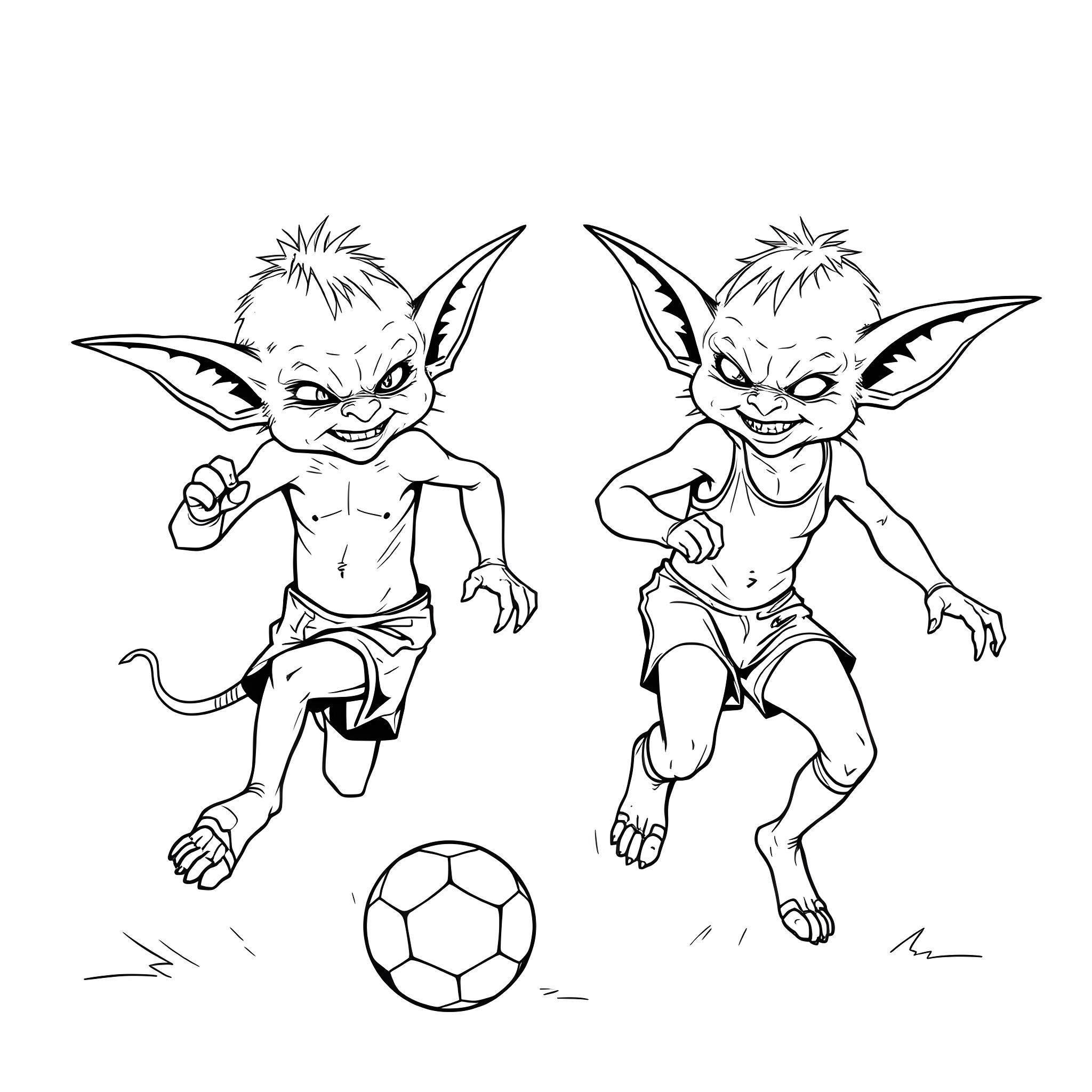 Goblin creatures playing soccer on the field Coloring Page (free black-and-white line drawing printable PDF for all, from beginners to advanced learners, including children, teens, adults, and seniors)