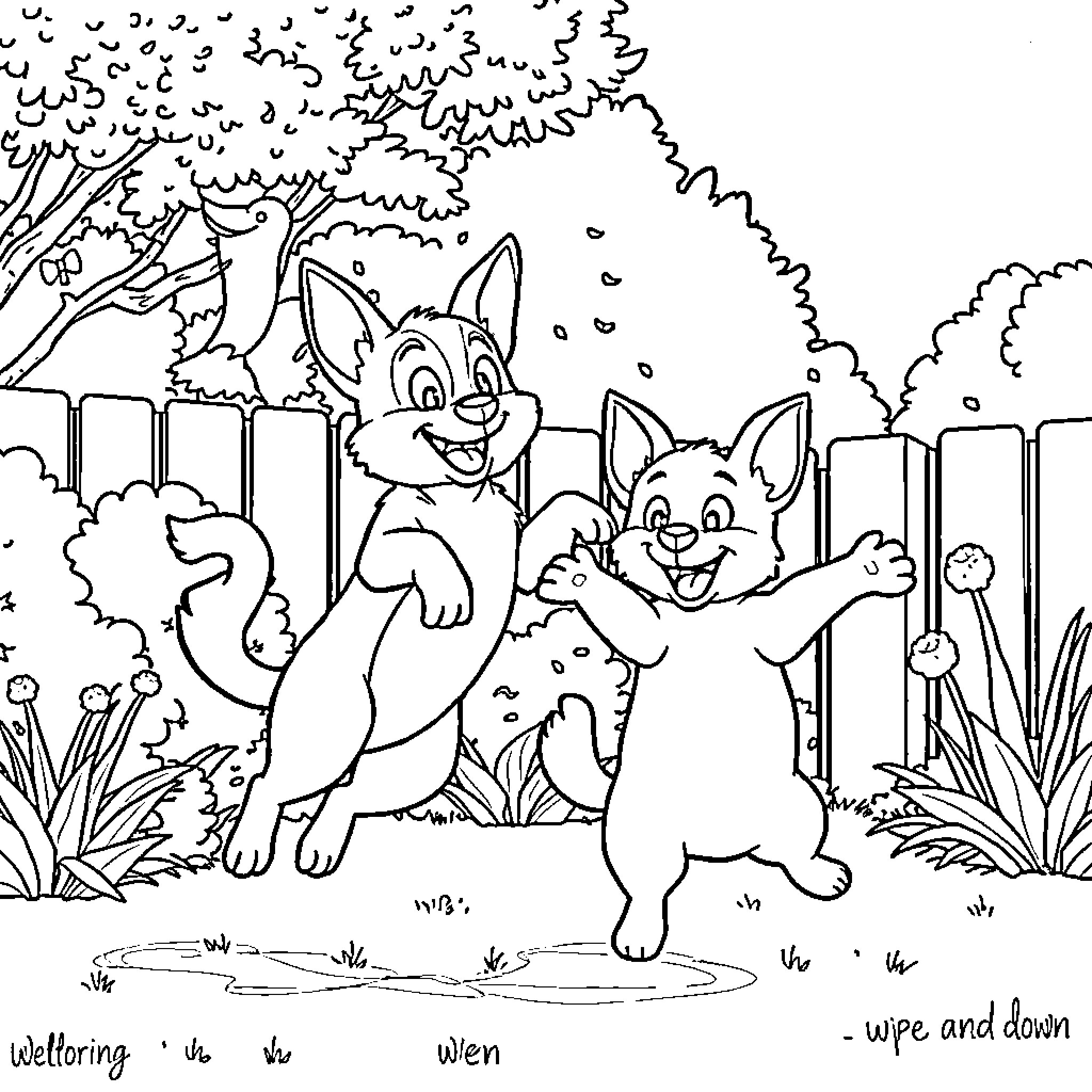 Bluey and Bingo Playing Outdoors Coloring Page (free black-and-white line drawing printable PDF for all, from beginners to advanced learners, including children, teens, adults, and seniors)
