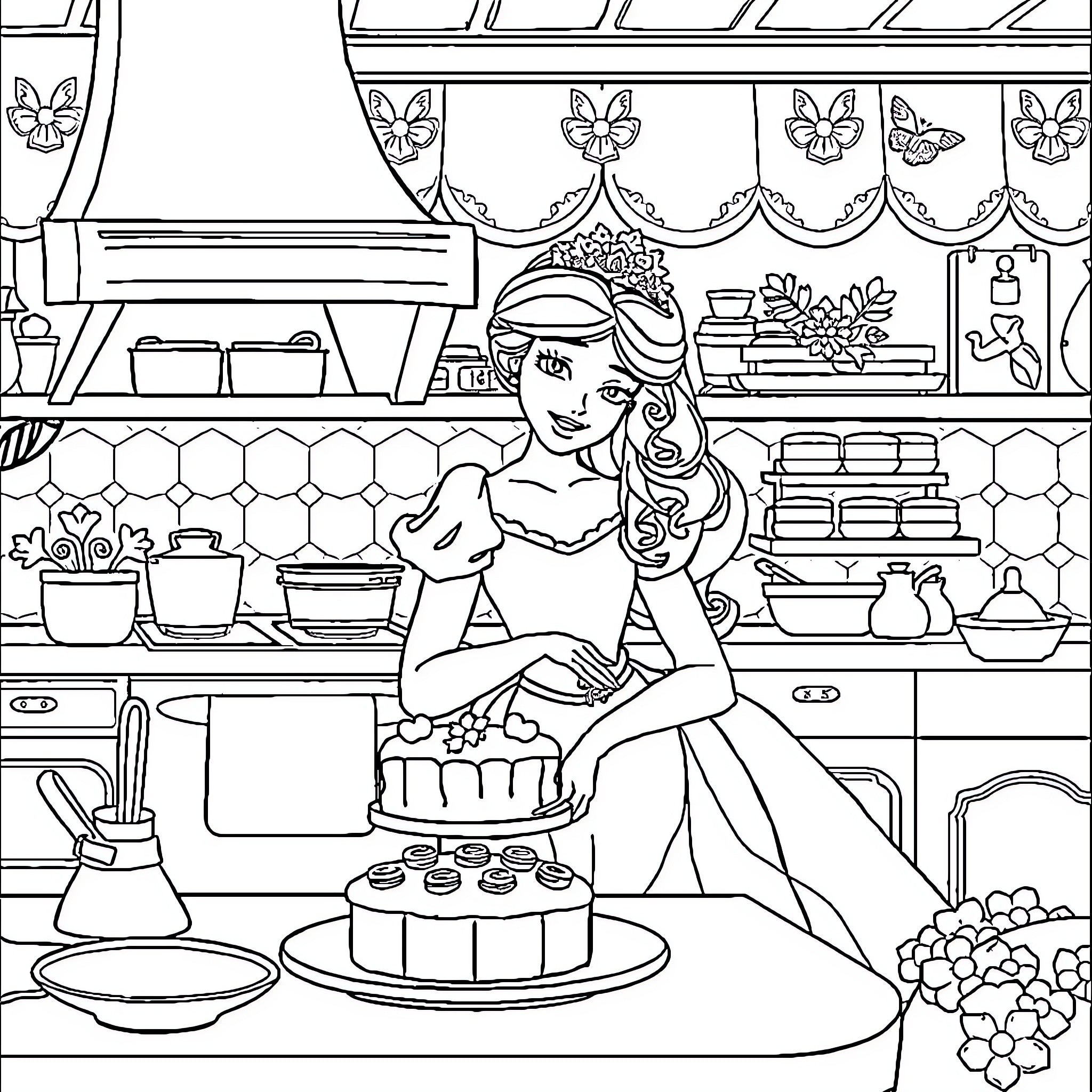 Princess baking a delightful cake in the kitchen Coloring Page (free black-and-white line drawing printable PDF for all, from beginners to advanced learners, including children, teens, adults, and seniors)