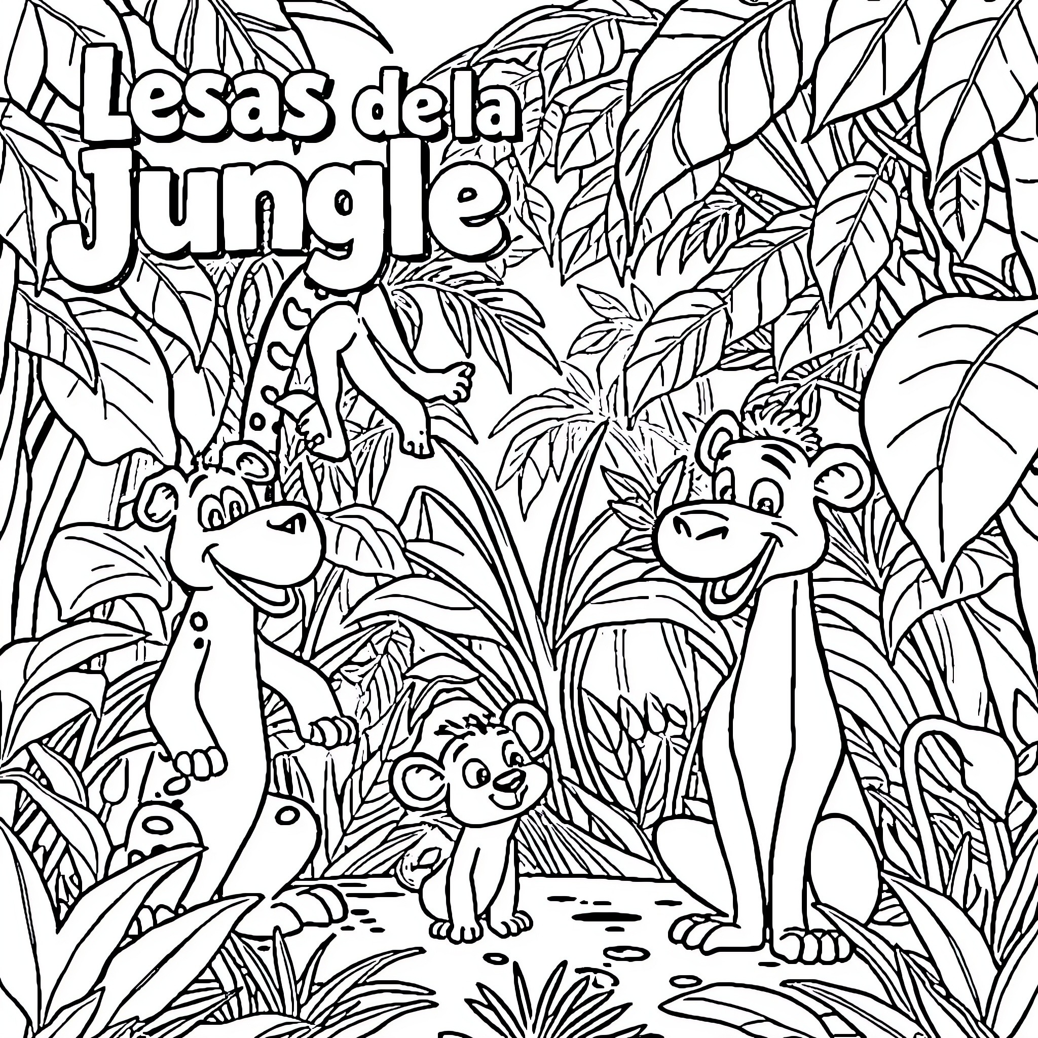 Aces of the Jungle: Playful Creatures Explore the Lush Landscape Coloring Page (free black-and-white line drawing printable PDF for all, from beginners to advanced learners, including children, teens, adults, and seniors)