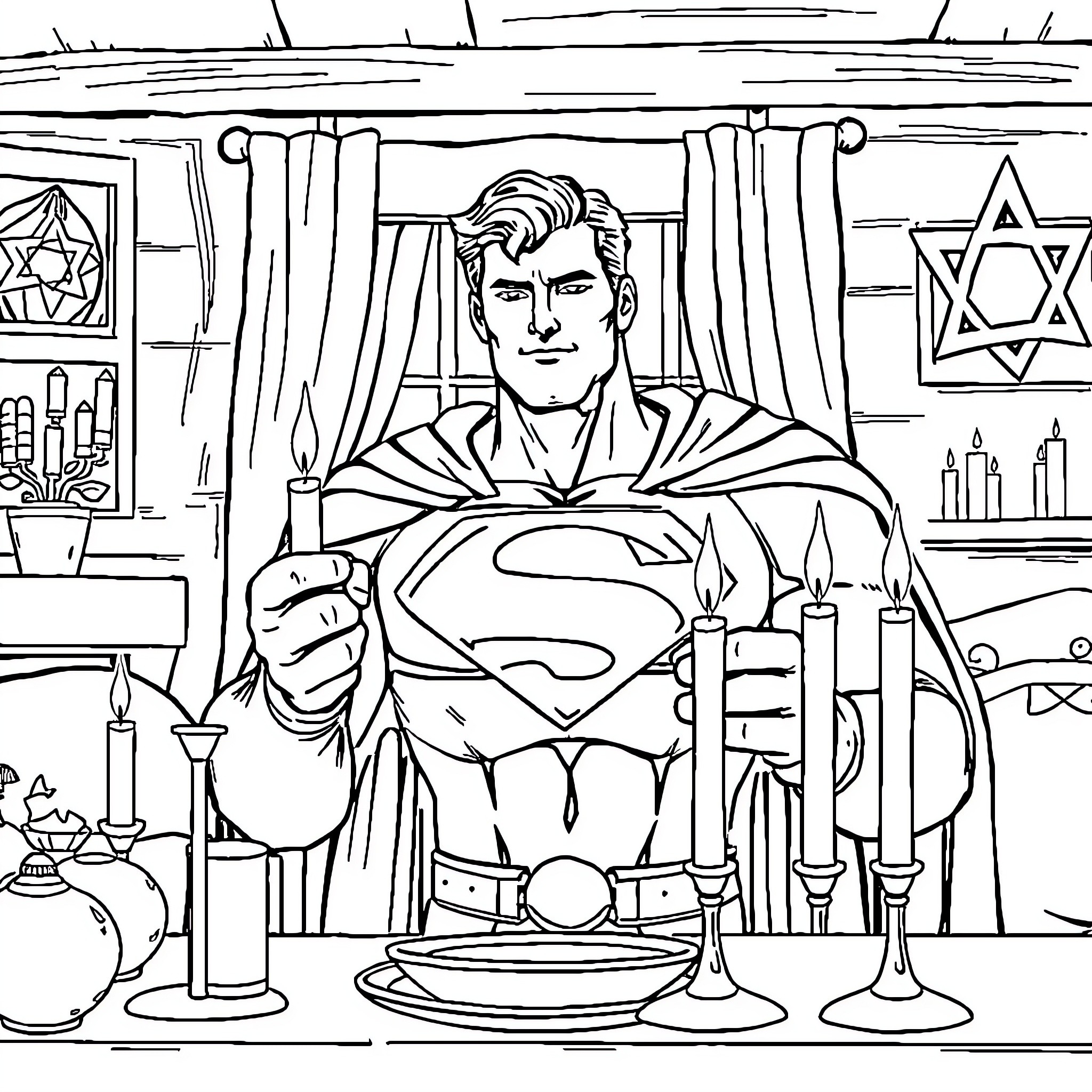 Superman's Spiritual Reflections in a Symbolic Setting Coloring Page (free black-and-white line drawing printable PDF for all, from beginners to advanced learners, including children, teens, adults, and seniors)