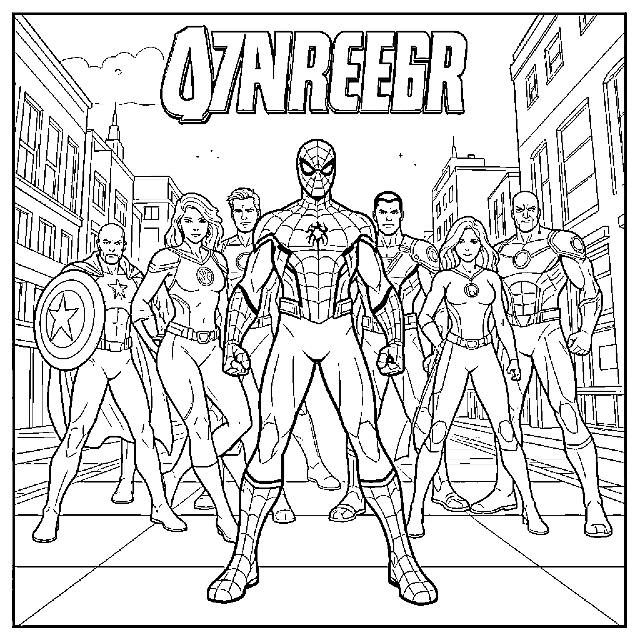 Spiderman and Marvel Superhero Team in Action Coloring Page (free black-and-white line drawing printable PDF for all, from beginners to advanced learners, including children, teens, adults, and seniors)