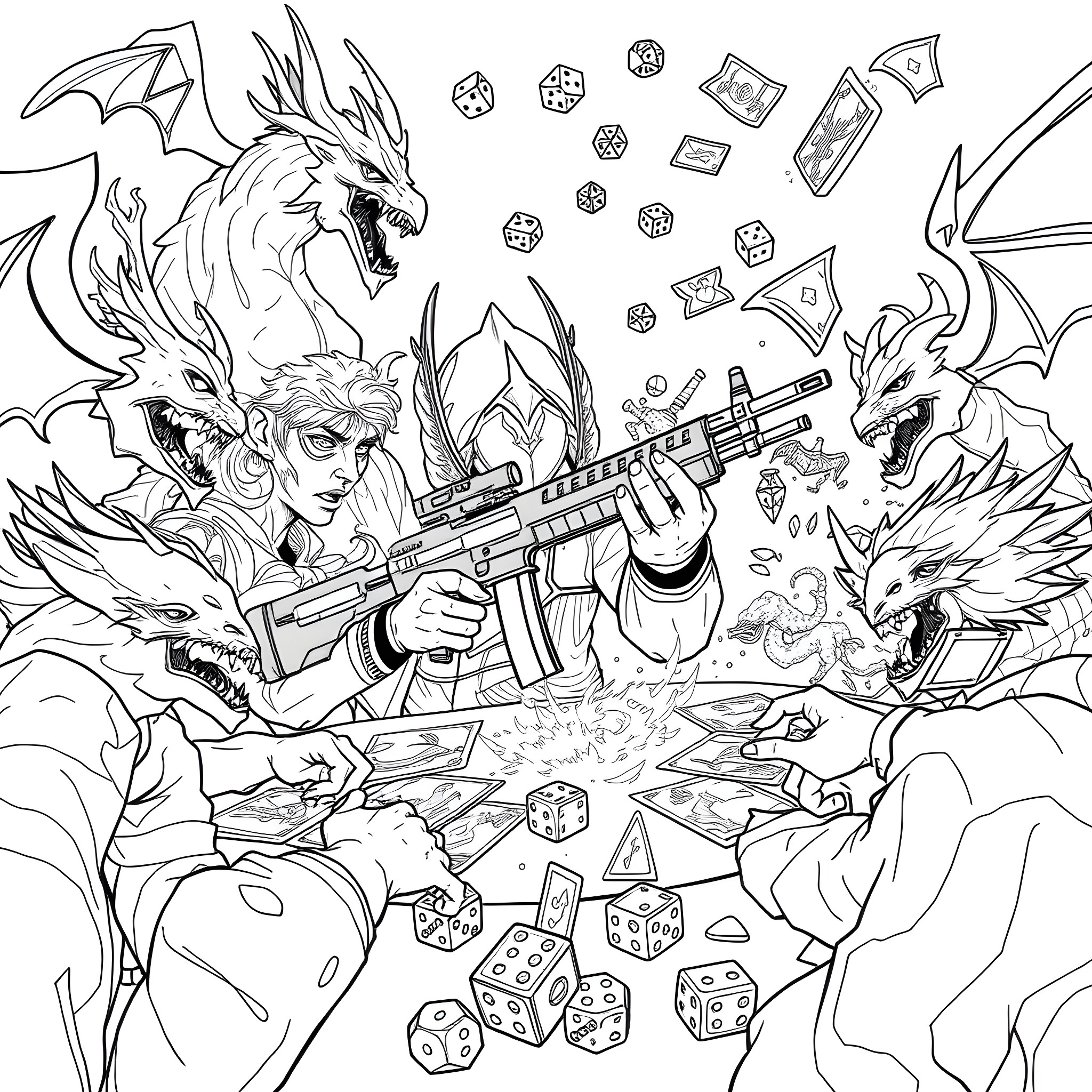 Uzi Warriors Battling with Dice and Guns Coloring Page (free black-and-white line drawing printable PDF for all, from beginners to advanced learners, including children, teens, adults, and seniors)