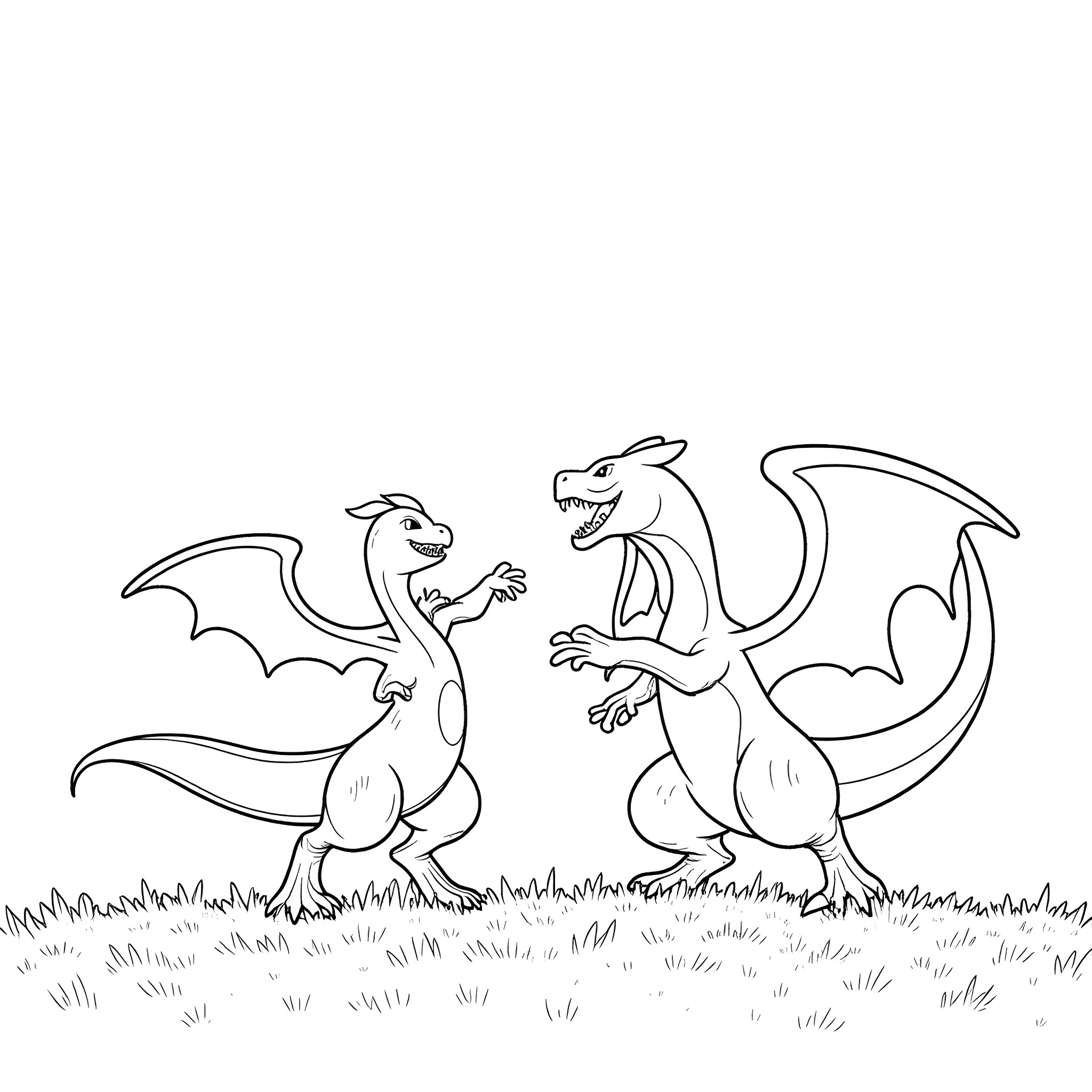 Greninja battling a fierce dragon-like creature Coloring Page (free black-and-white line drawing printable PDF for all, from beginners to advanced learners, including children, teens, adults, and seniors)