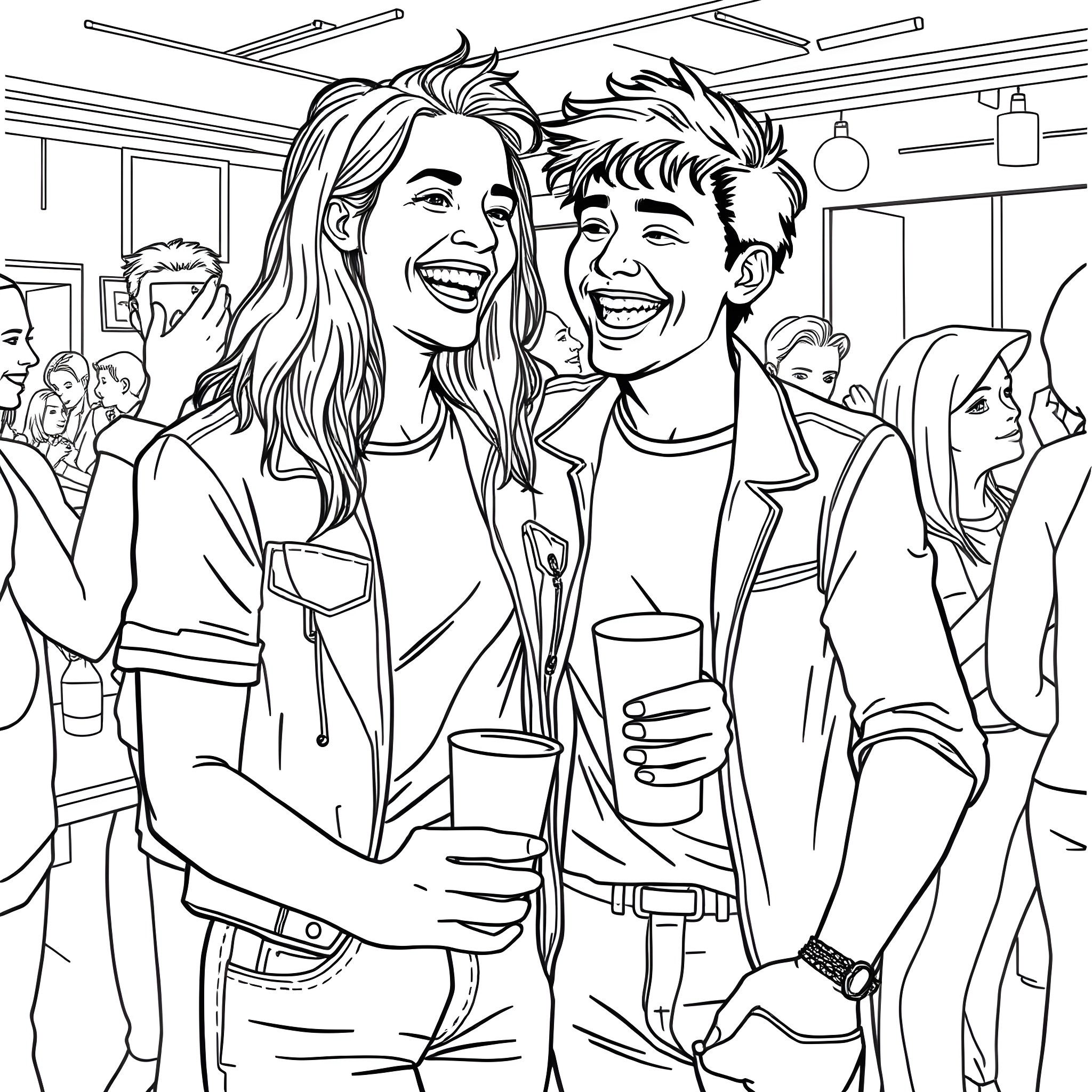 Guy and Girl Laughing Happily at Party Coloring Page (free black-and-white line drawing printable PDF for all, from beginners to advanced learners, including children, teens, adults, and seniors)