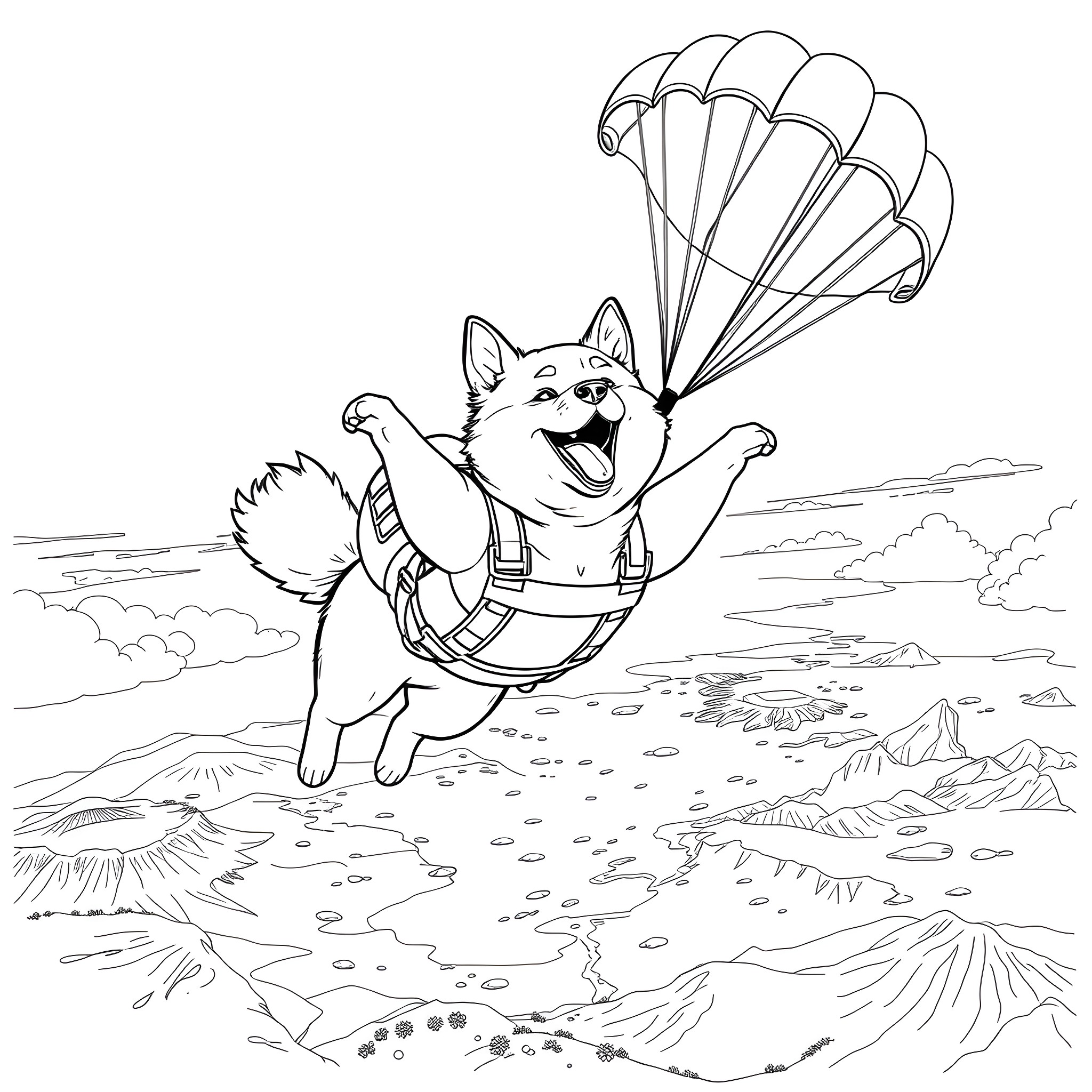 Shiba Inu skydiving with a parachute Coloring Page (free black-and-white line drawing printable PDF for all, from beginners to advanced learners, including children, teens, adults, and seniors)