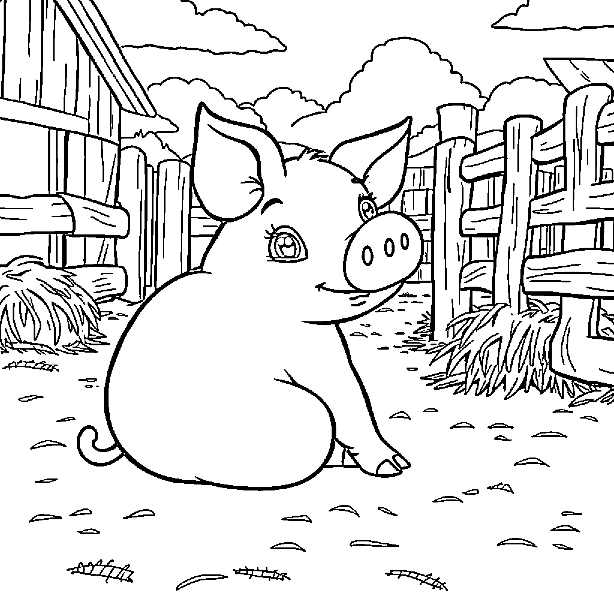 Pig sitting contentedly on a farm Coloring Page (free black-and-white line drawing printable PDF for all, from beginners to advanced learners, including children, teens, adults, and seniors)