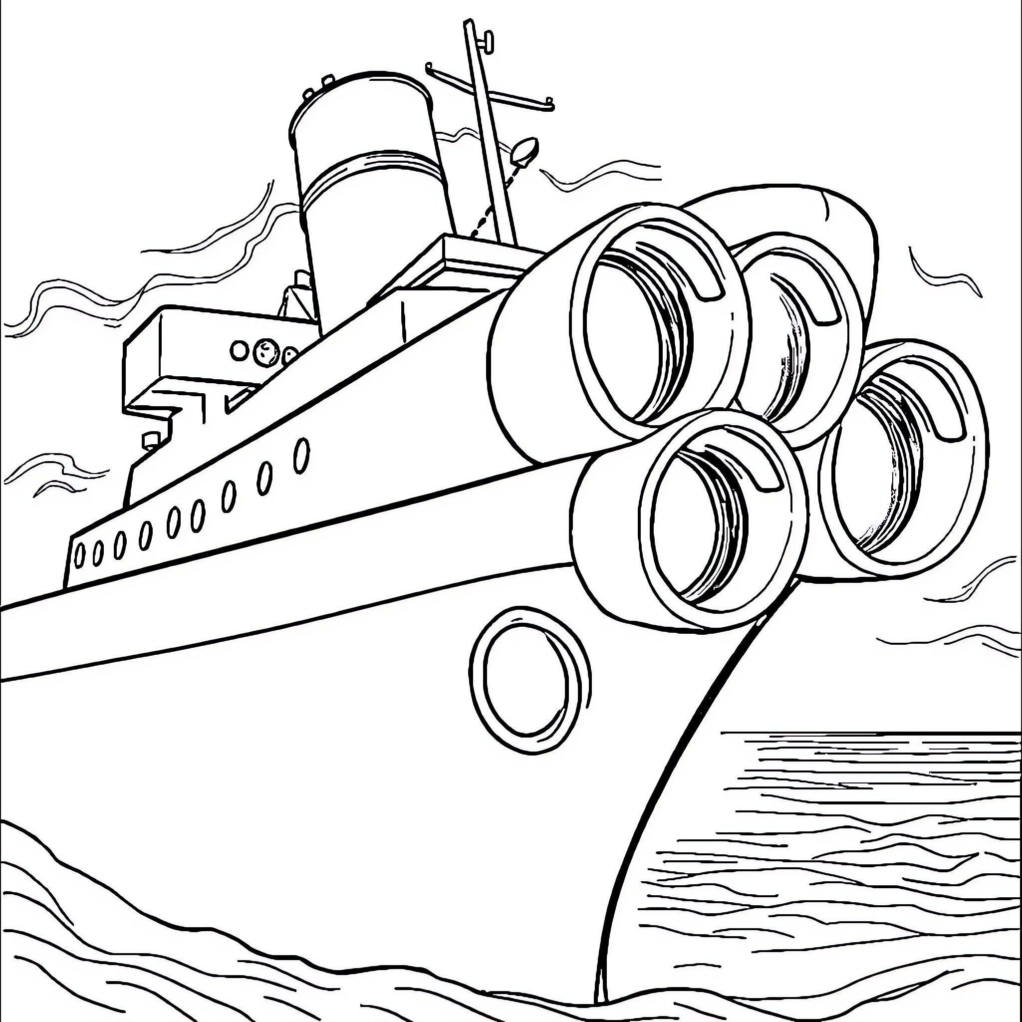 Ship sailing the seas with powerful engines Coloring Page (free black-and-white line drawing printable PDF for all, from beginners to advanced learners, including children, teens, adults, and seniors)