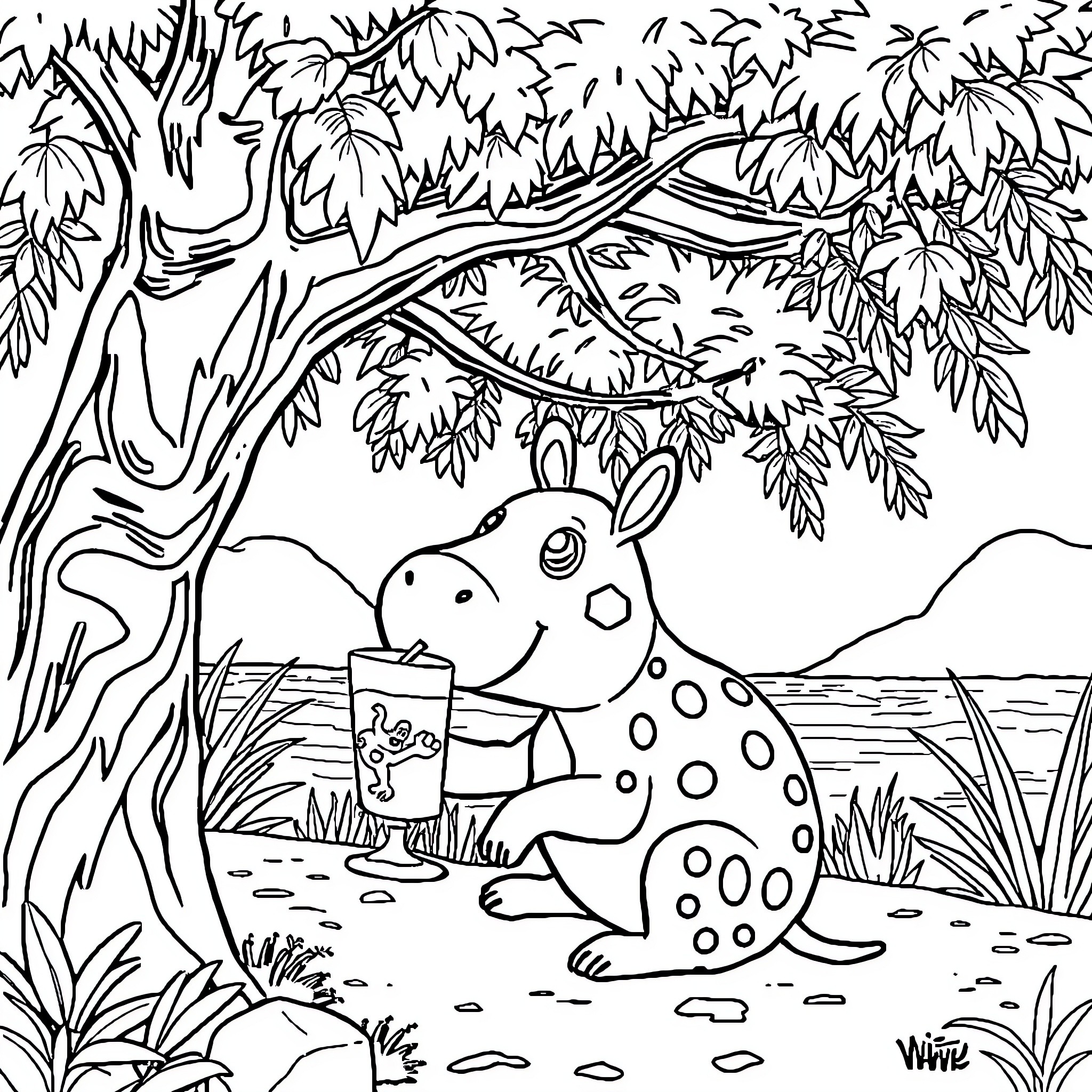 Capybara enjoying a drink in the forest Coloring Page (free black-and-white line drawing printable PDF for all, from beginners to advanced learners, including children, teens, adults, and seniors)