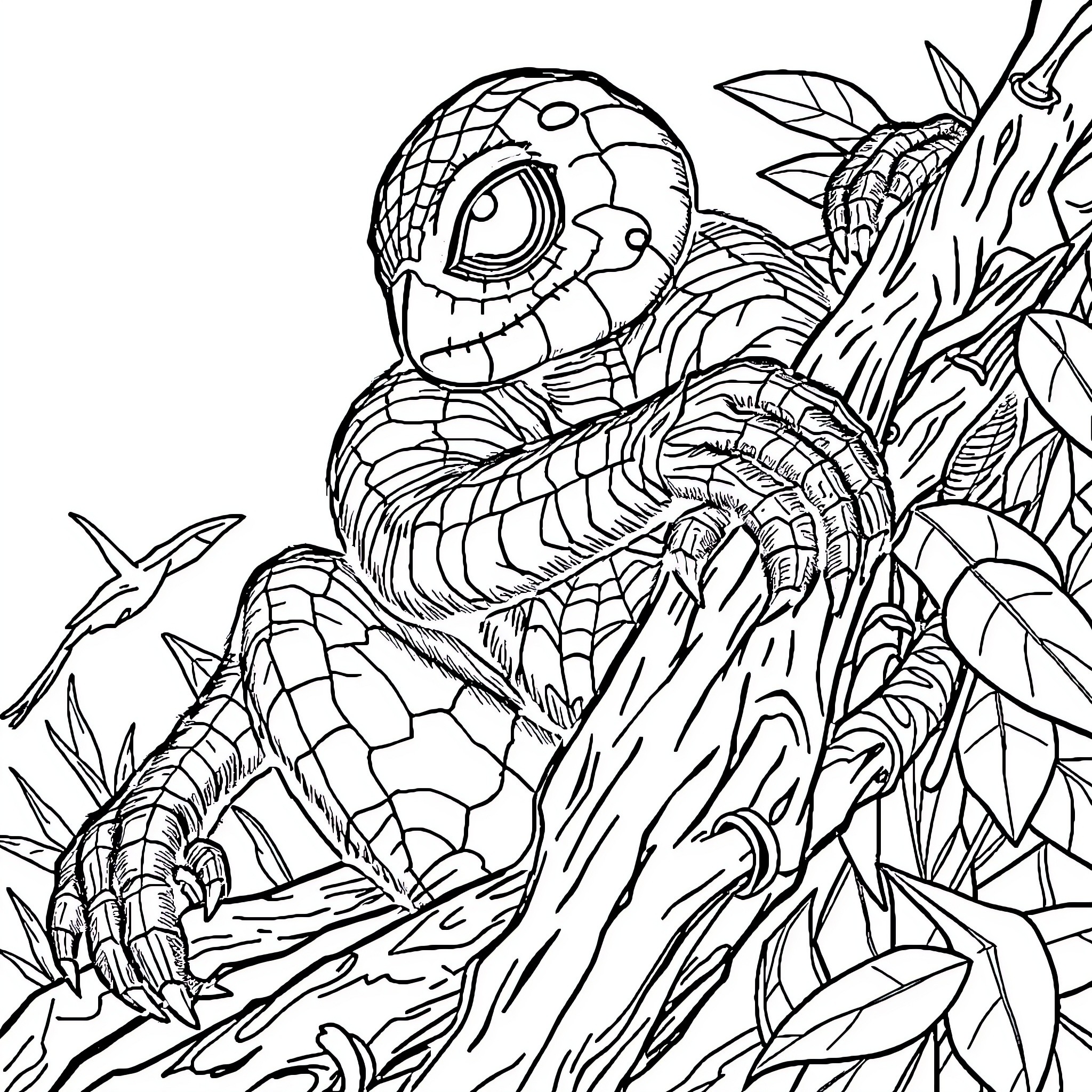 Spider-Man climbing up the tree in nature Coloring Page (free black-and-white line drawing printable PDF for all, from beginners to advanced learners, including children, teens, adults, and seniors)