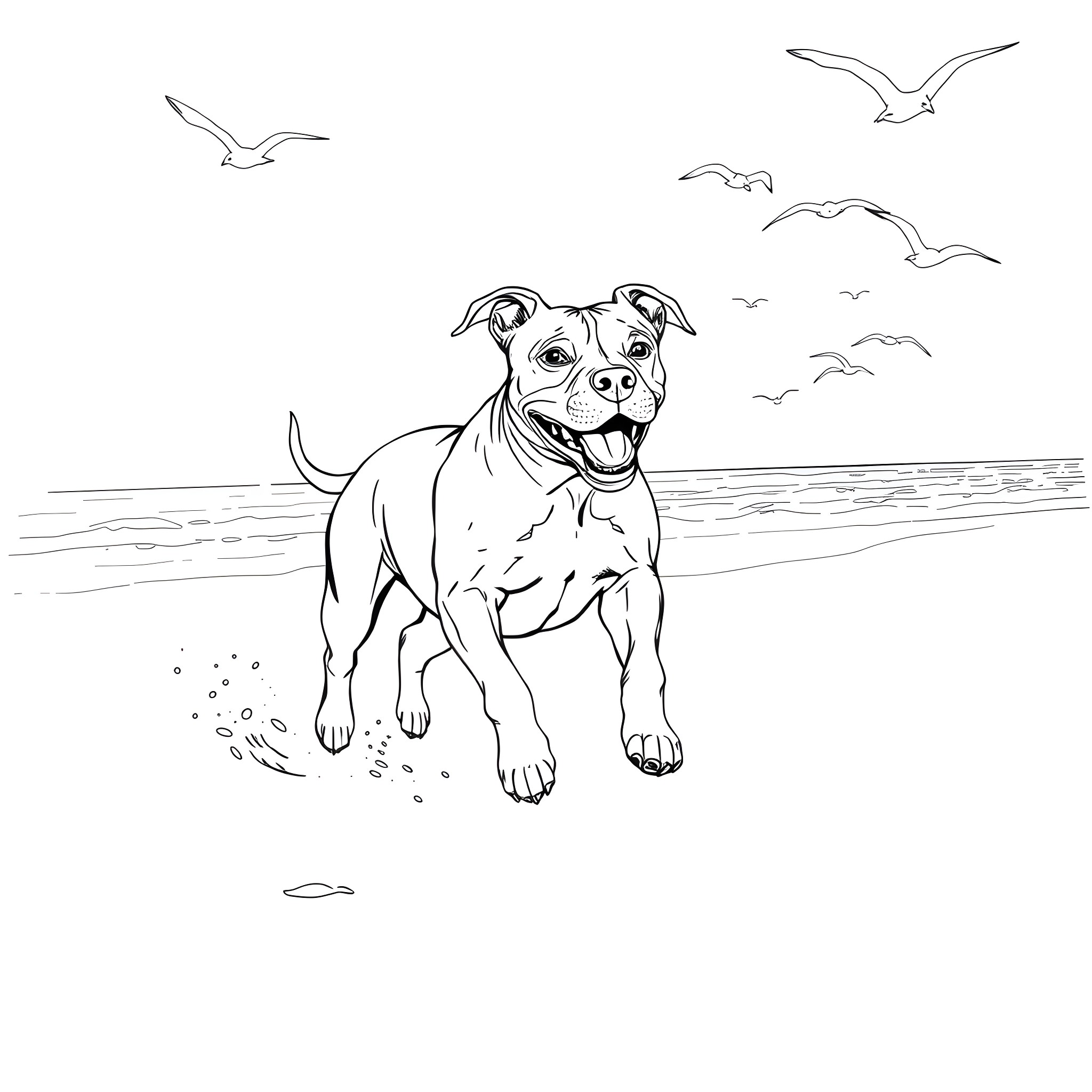 Pitbull playing happily on the beach Coloring Page (free black-and-white line drawing printable PDF for all, from beginners to advanced learners, including children, teens, adults, and seniors)