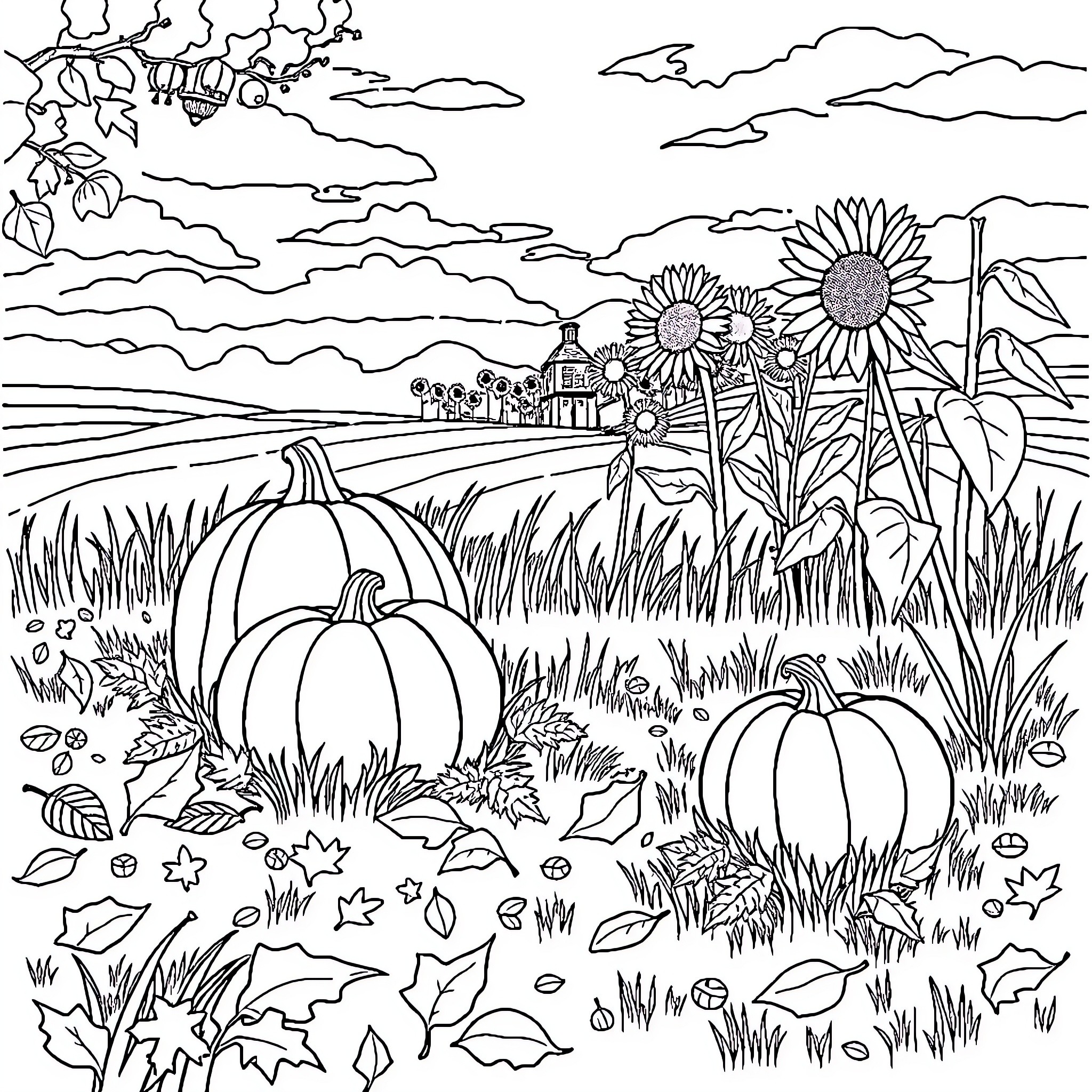 Leaf landscape with pumpkins and sunflowers Coloring Page (free black-and-white line drawing printable PDF for all, from beginners to advanced learners, including children, teens, adults, and seniors)