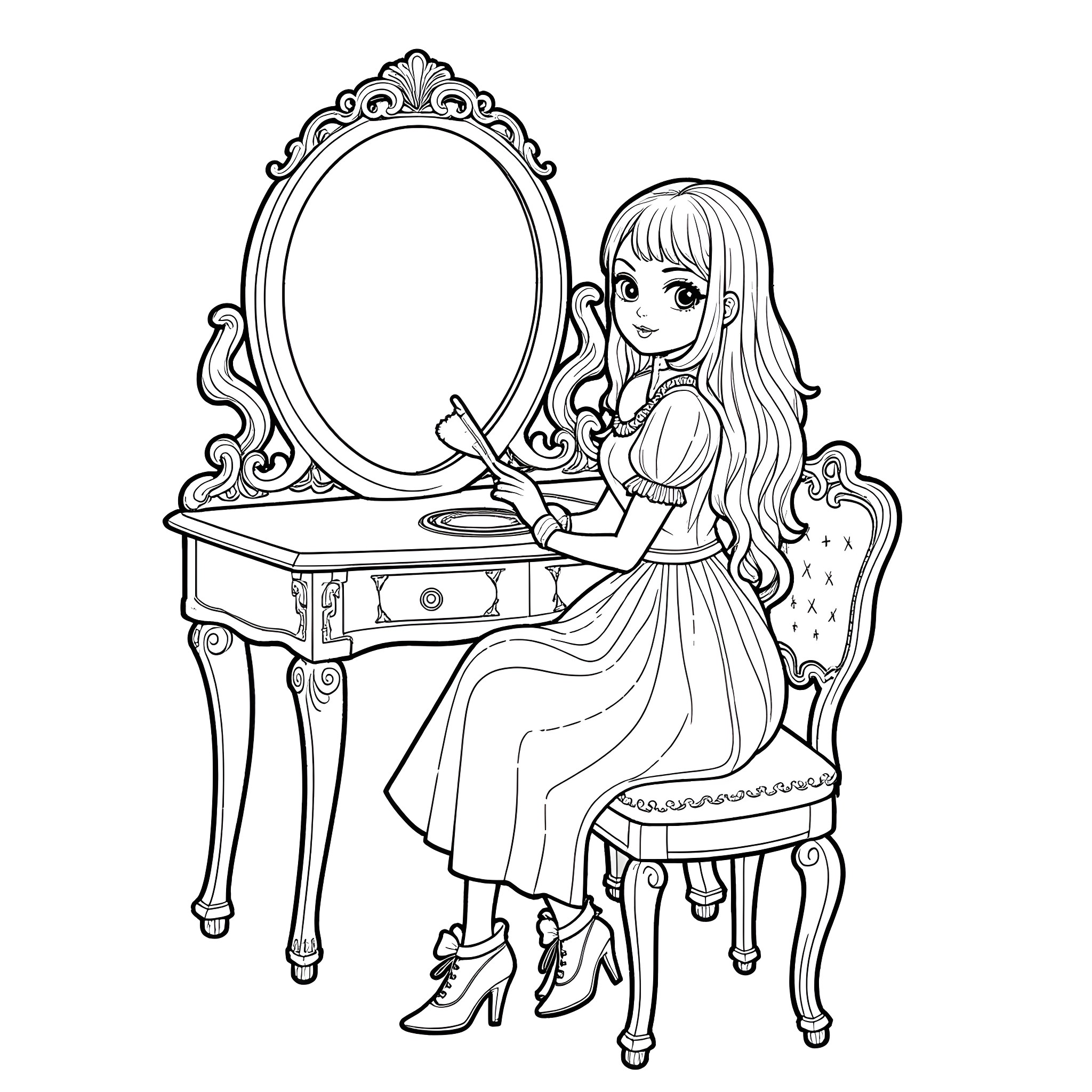 Goth Girl Admiring Herself in the Mirror Coloring Page (free black-and-white line drawing printable PDF for all, from beginners to advanced learners, including children, teens, adults, and seniors)