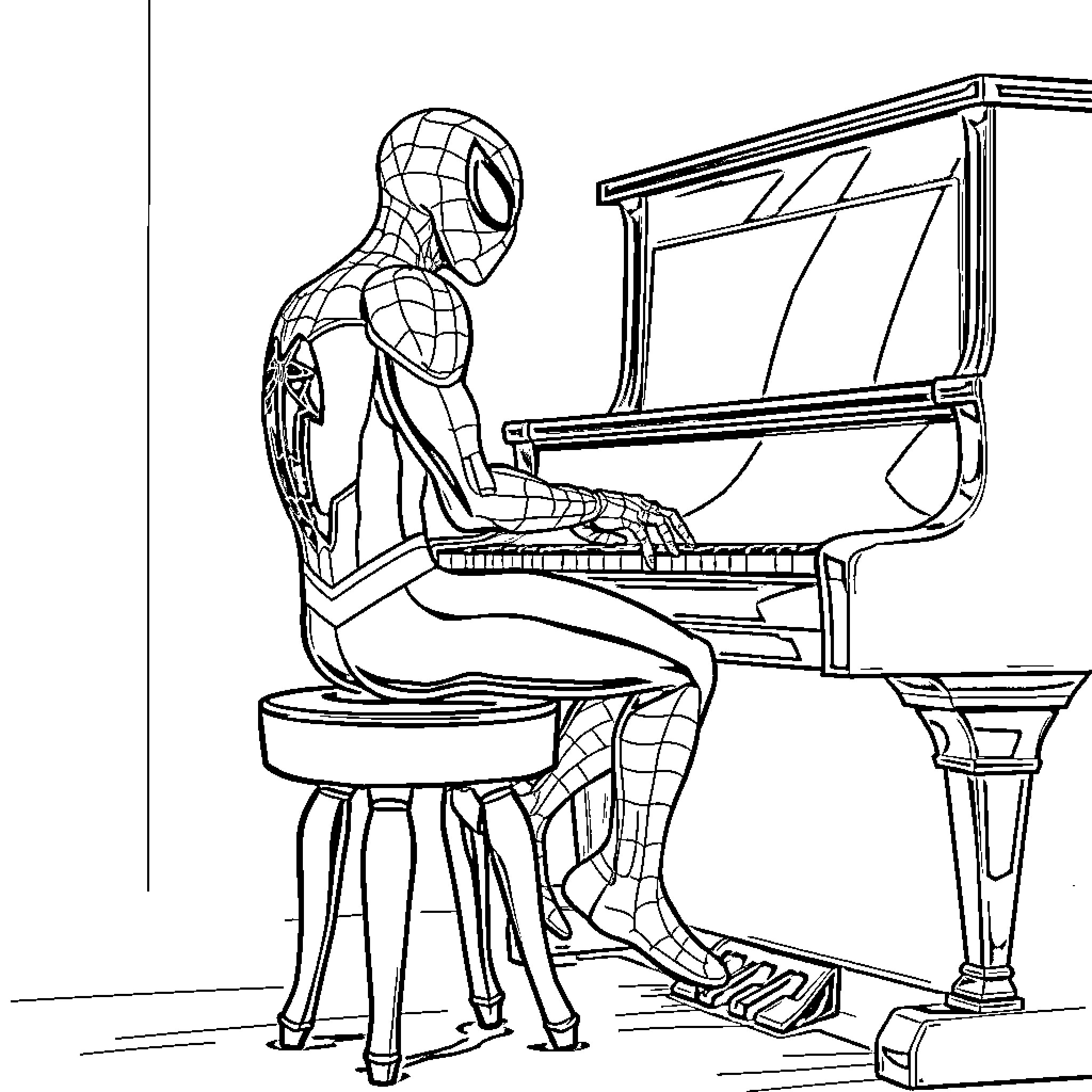 Superman playing piano in an elegant room Coloring Page (free black-and-white line drawing printable PDF for all, from beginners to advanced learners, including children, teens, adults, and seniors)