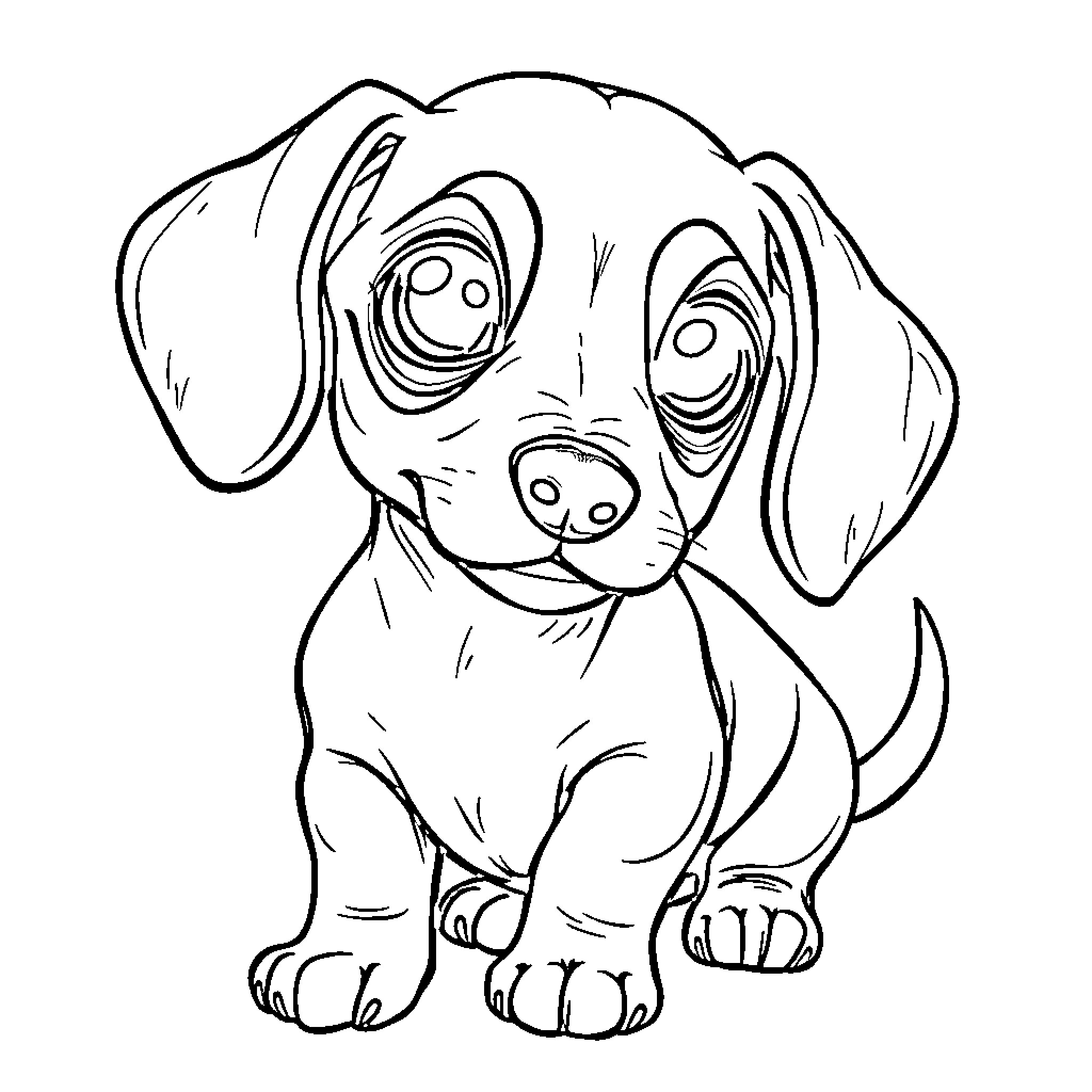 Puppy sitting and looking curious Coloring Page (free black-and-white line drawing printable PDF for all, from beginners to advanced learners, including children, teens, adults, and seniors)
