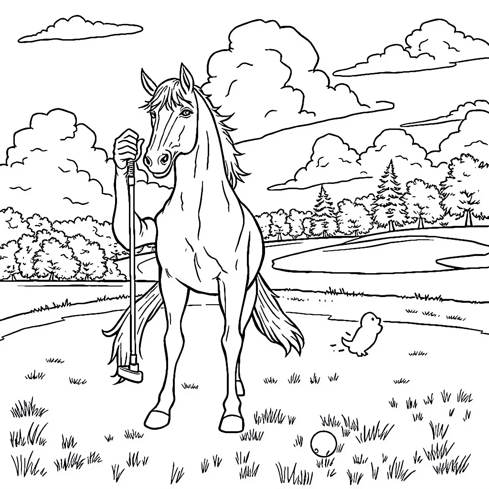 Horse standing in a scenic landscape Coloring Page (free black-and-white line drawing printable PDF for all, from beginners to advanced learners, including children, teens, adults, and seniors)