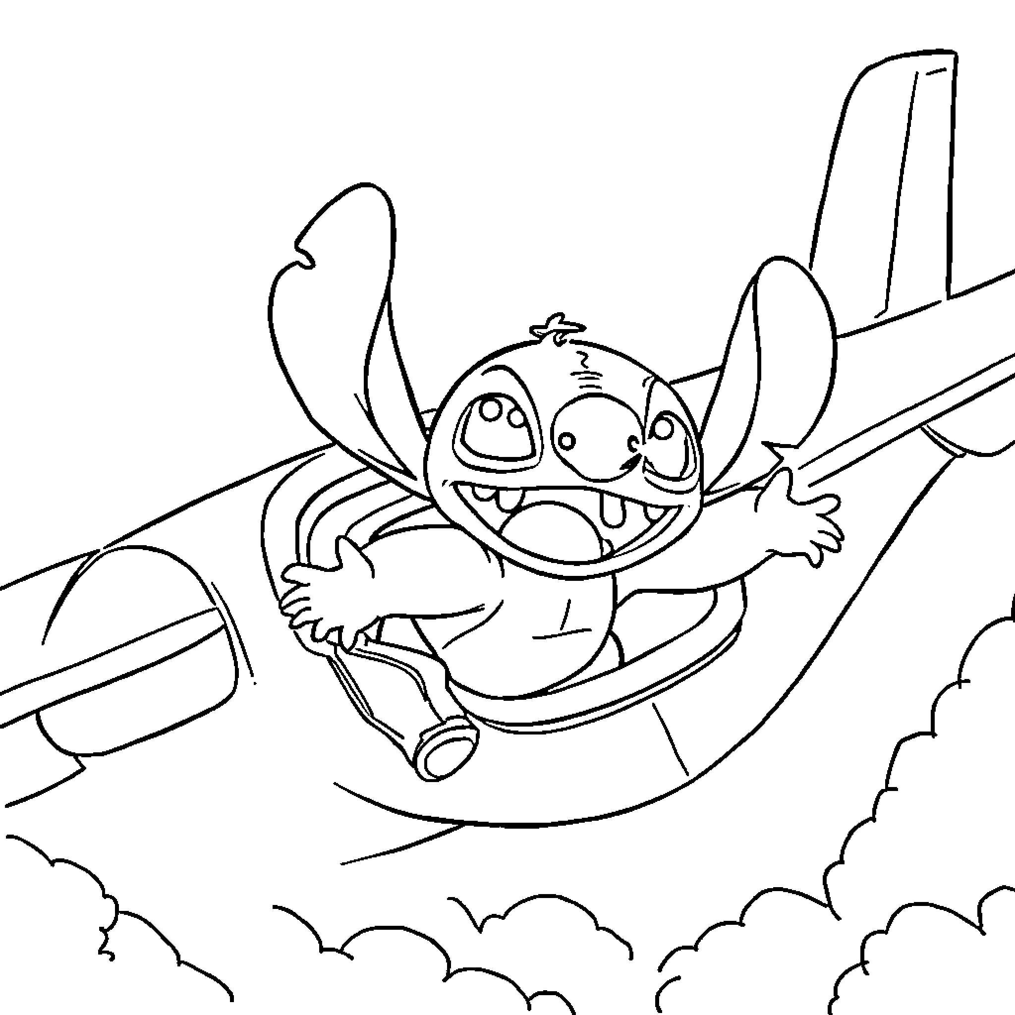 Stitch soaring through the skies in a spacecraft Coloring Page (free black-and-white line drawing printable PDF for all, from beginners to advanced learners, including children, teens, adults, and seniors)