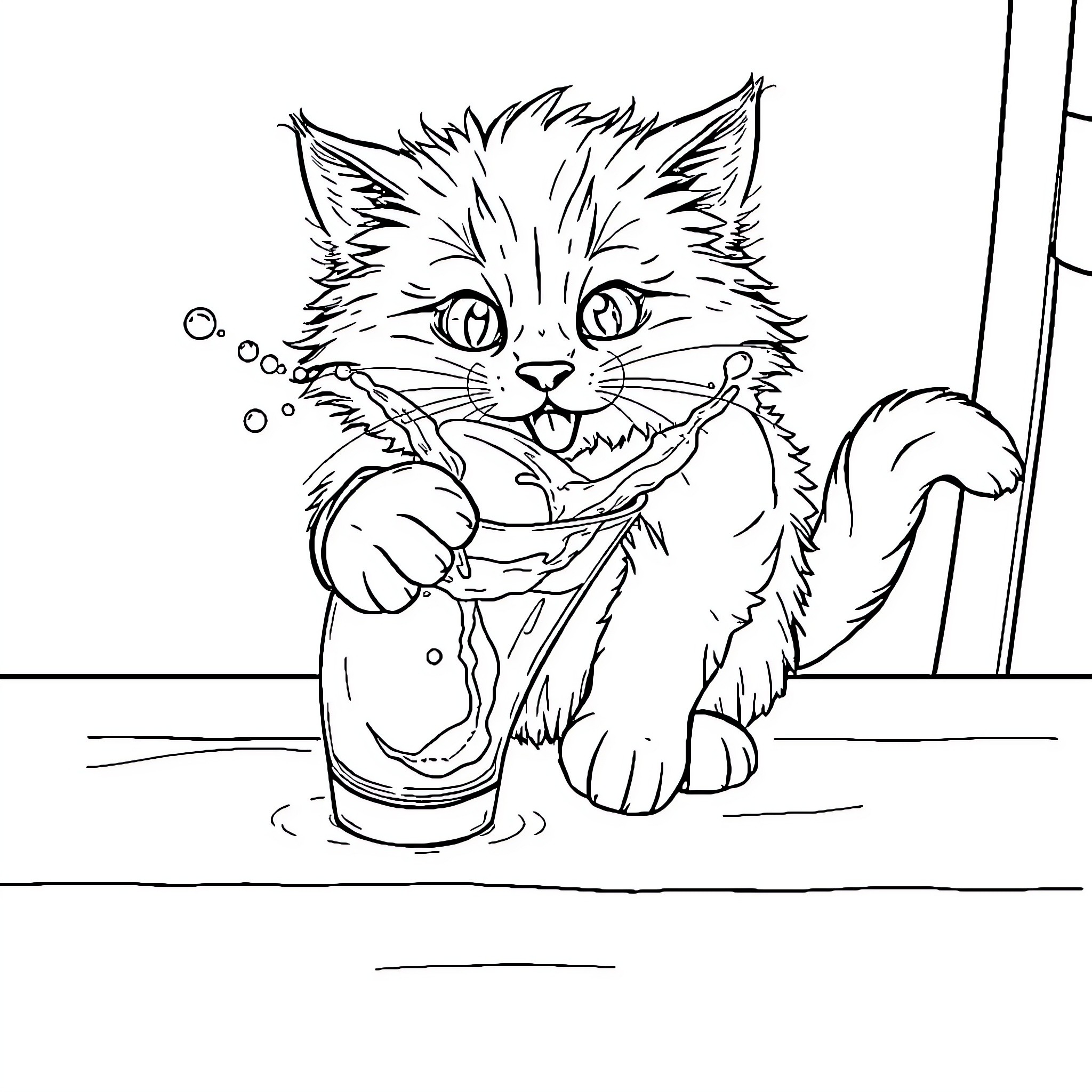 Cat playing with bubbles in a cup Coloring Page (free black-and-white line drawing printable PDF for all, from beginners to advanced learners, including children, teens, adults, and seniors)