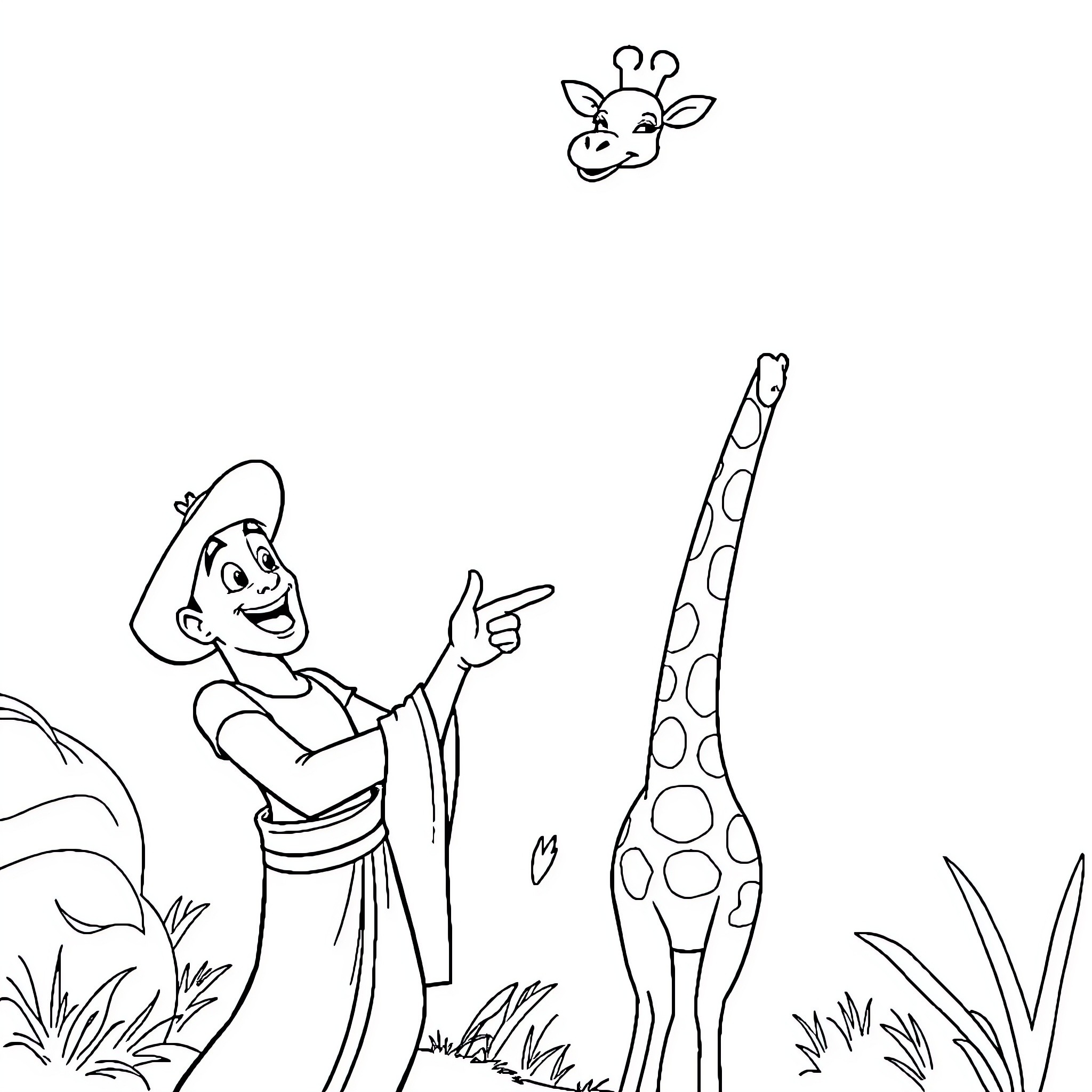 Aladdin interacting with a giraffe in a lush landscape Coloring Page (free black-and-white line drawing printable PDF for all, from beginners to advanced learners, including children, teens, adults, and seniors)