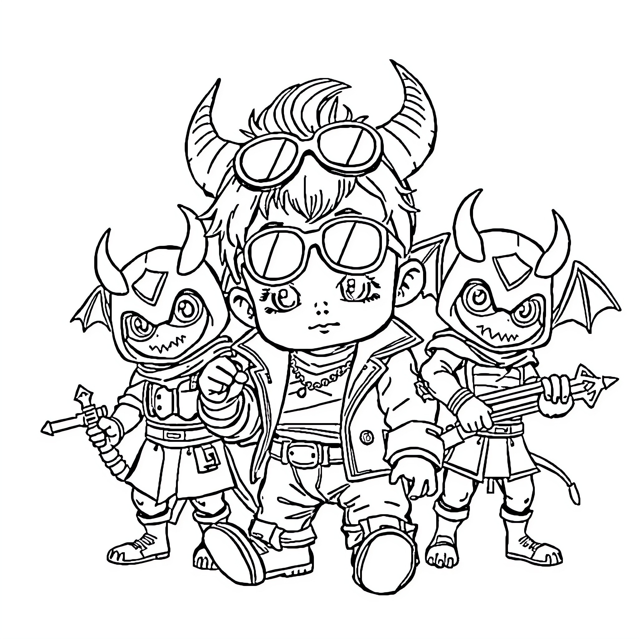 Baby monsters with funky outfits and accessories Coloring Page (free black-and-white line drawing printable PDF for all, from beginners to advanced learners, including children, teens, adults, and seniors)