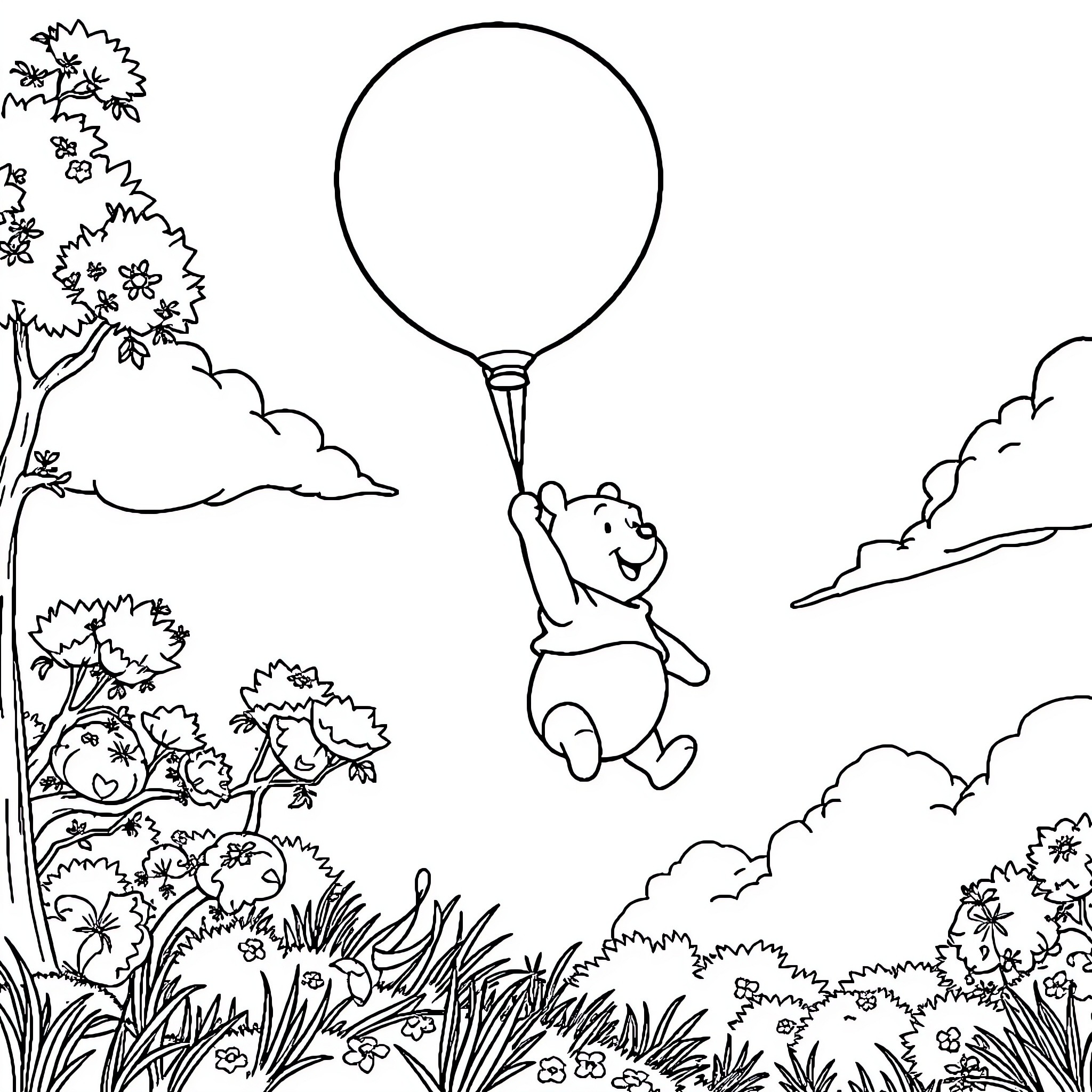 Winnie The Pooh floating in a hot air balloon Coloring Page (free black-and-white line drawing printable PDF for all, from beginners to advanced learners, including children, teens, adults, and seniors)