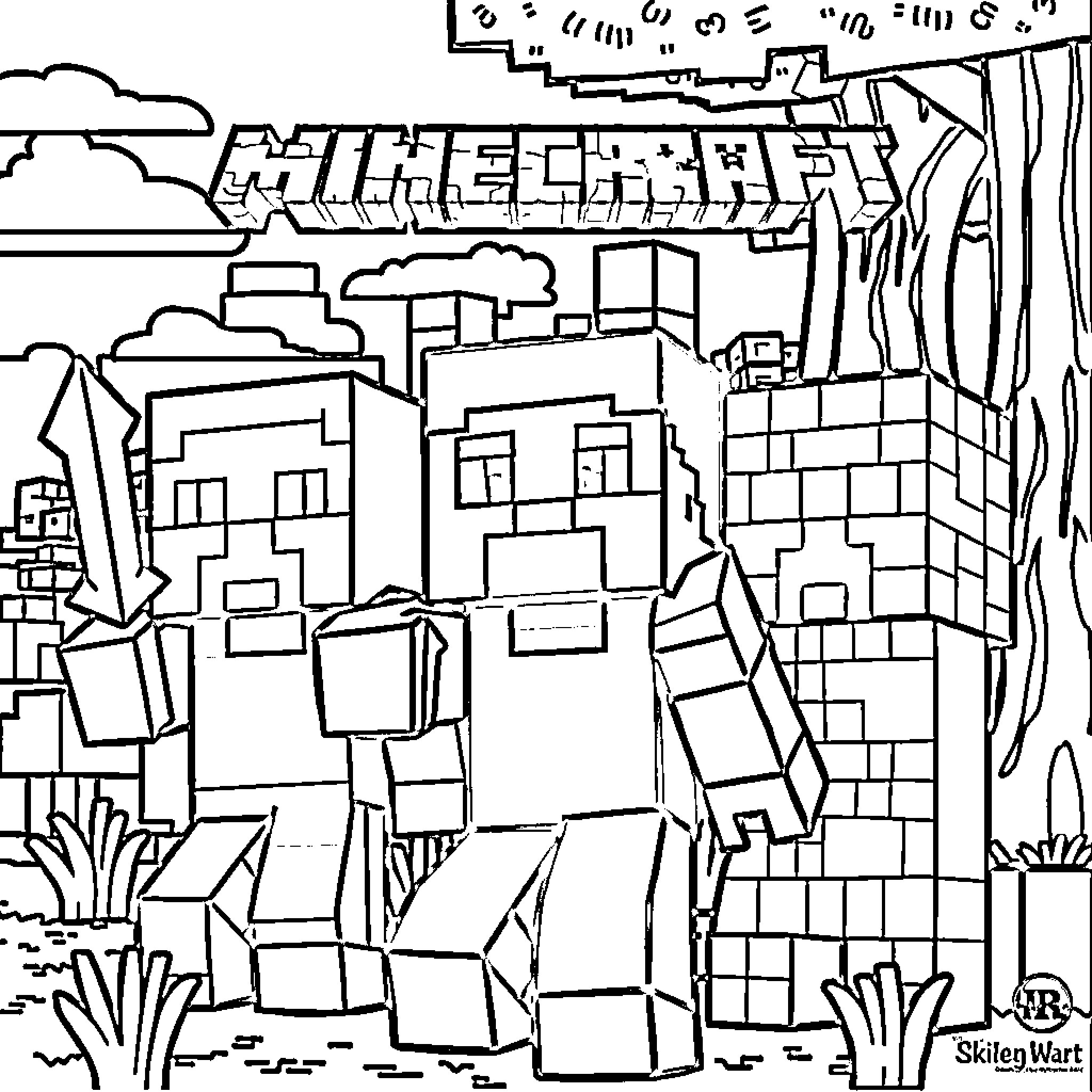 Minecraft Characters Battling in a Blocky Landscape Coloring Page (free black-and-white line drawing printable PDF for all, from beginners to advanced learners, including children, teens, adults, and seniors)