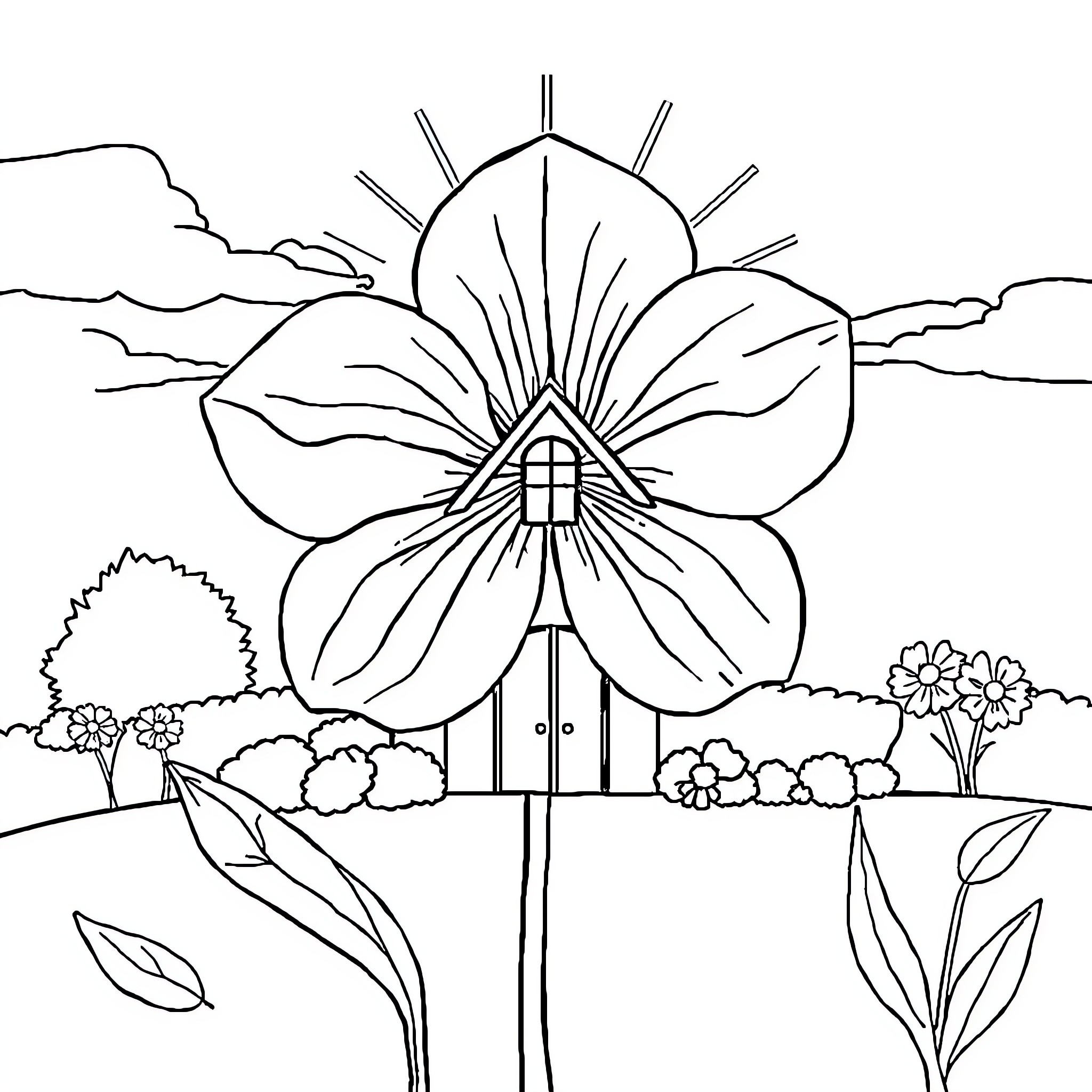 Flower Silhouette Landscape Scene Coloring Page (free black-and-white line drawing printable PDF for all, from beginners to advanced learners, including children, teens, adults, and seniors)