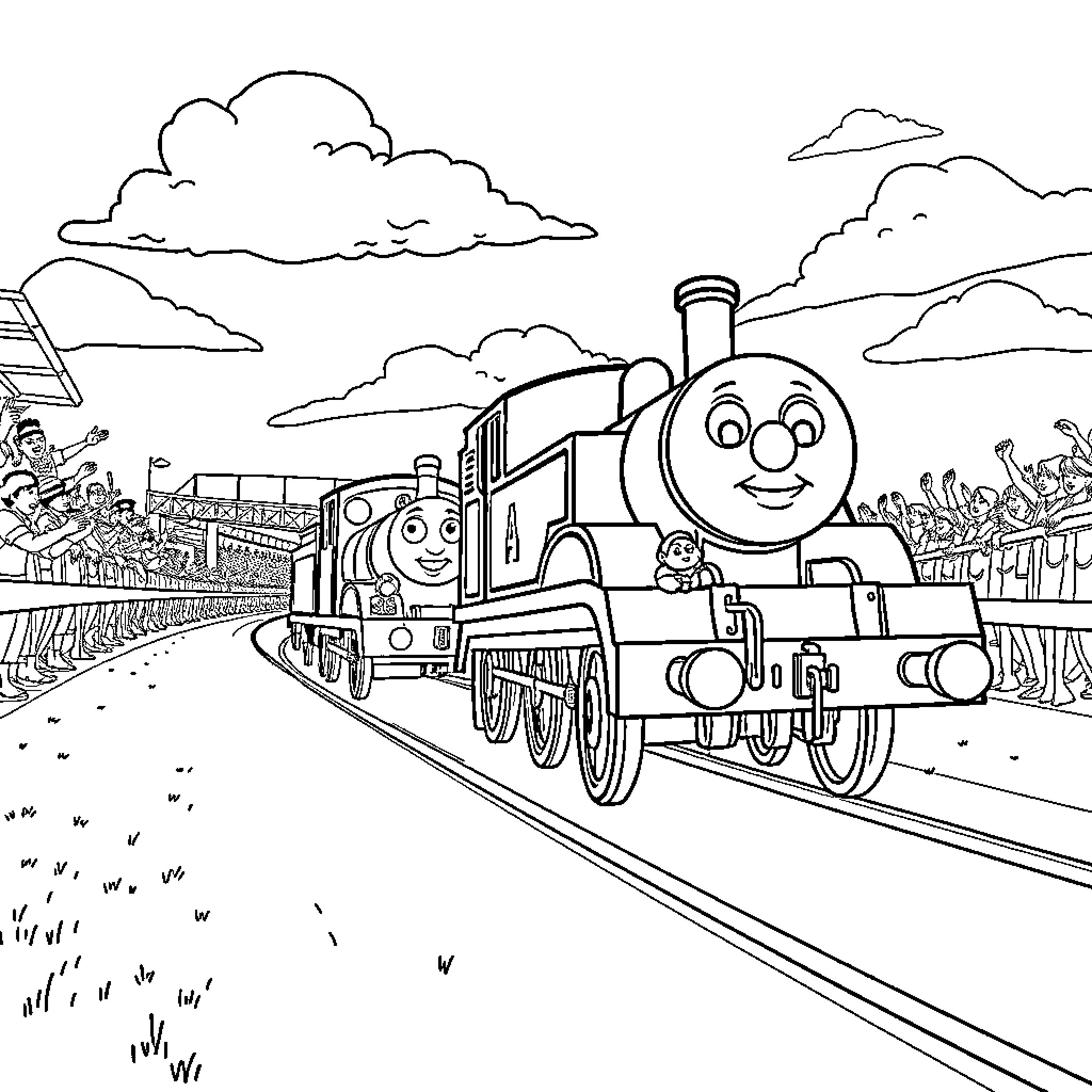 Car Travels Through Scenic Railroad Landscape Coloring Page (free black-and-white line drawing printable PDF for all, from beginners to advanced learners, including children, teens, adults, and seniors)