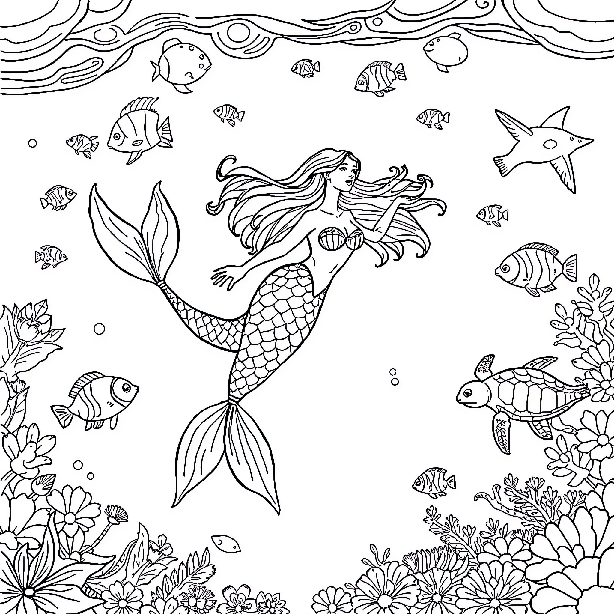 Mermaid swimming gracefully in the underwater world Coloring Page (free black-and-white line drawing printable PDF for all, from beginners to advanced learners, including children, teens, adults, and seniors)