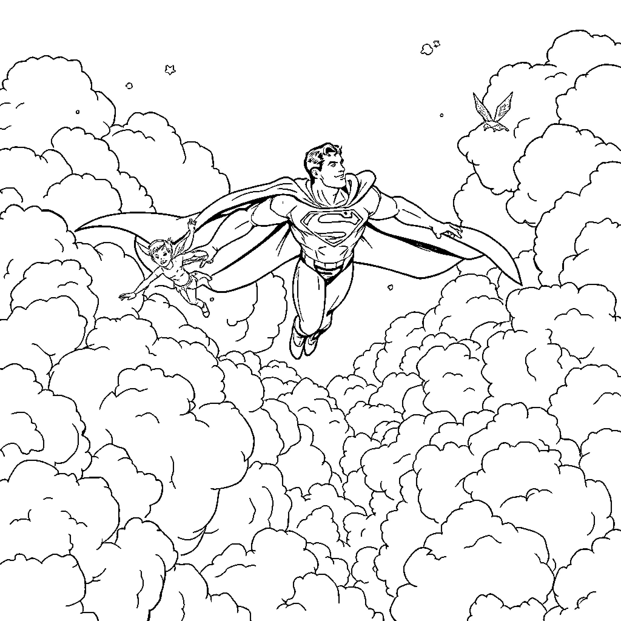 Superman soaring through the clouds with determination Coloring Page (free black-and-white line drawing printable PDF for all, from beginners to advanced learners, including children, teens, adults, and seniors)