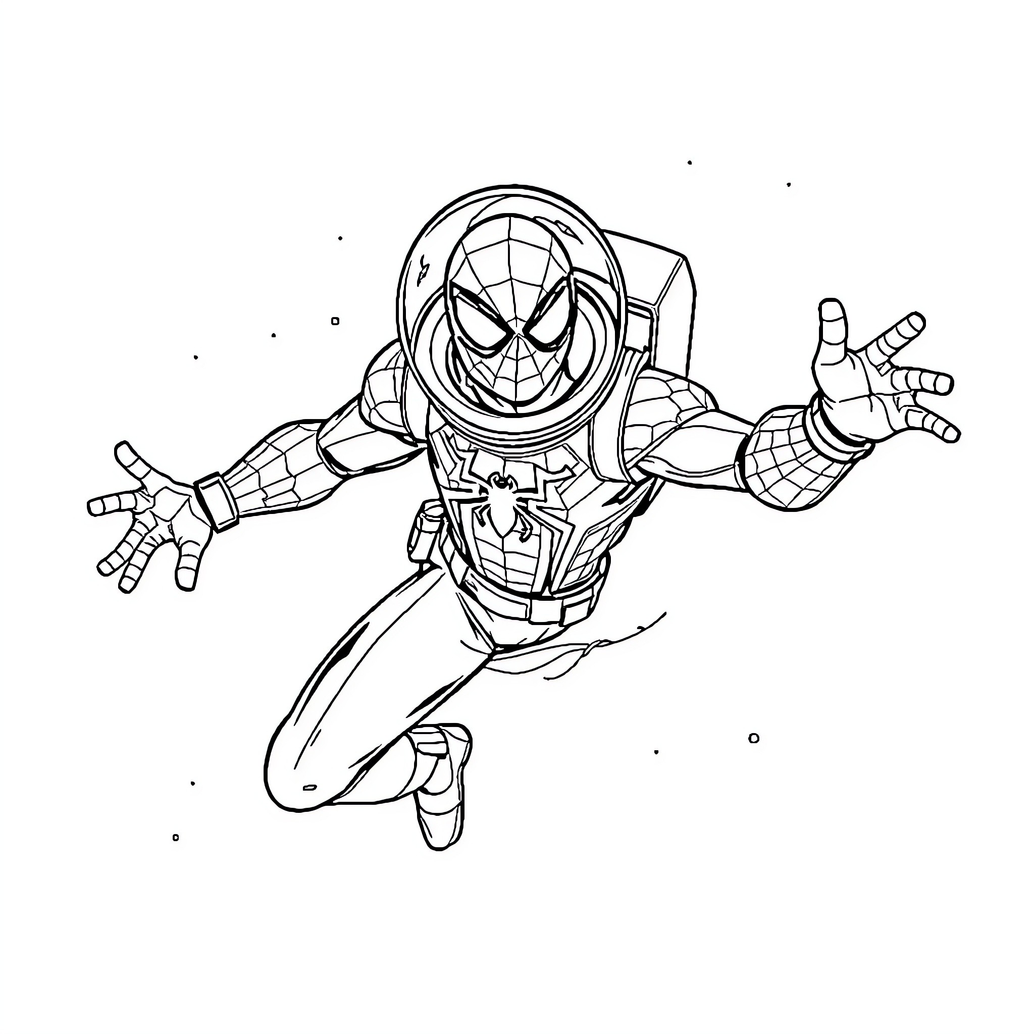 Spider-Man jumping into action with determination Coloring Page (free black-and-white line drawing printable PDF for all, from beginners to advanced learners, including children, teens, adults, and seniors)