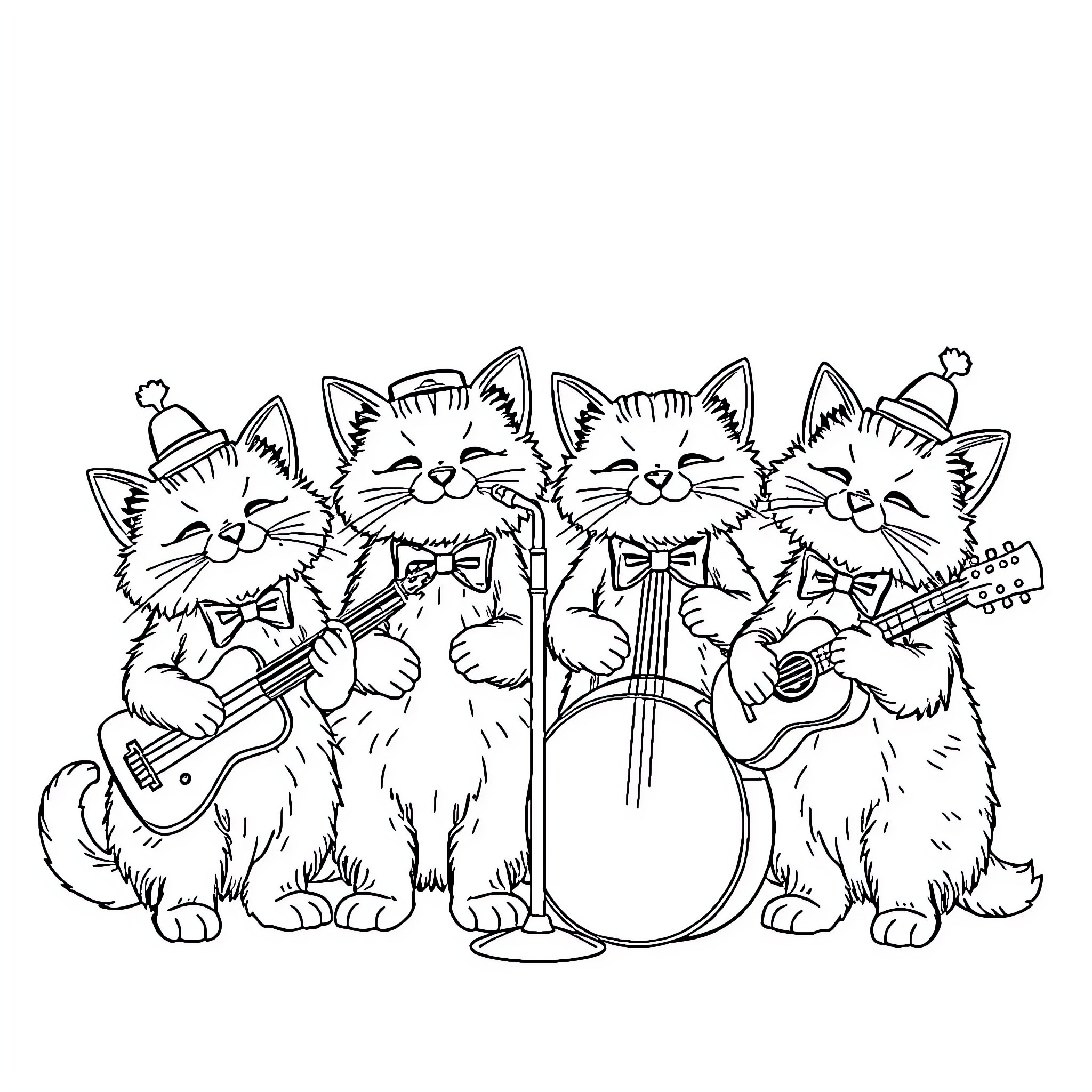 Cat Band Playing Musical Instruments Happily Coloring Page (free black-and-white line drawing printable PDF for all, from beginners to advanced learners, including children, teens, adults, and seniors)