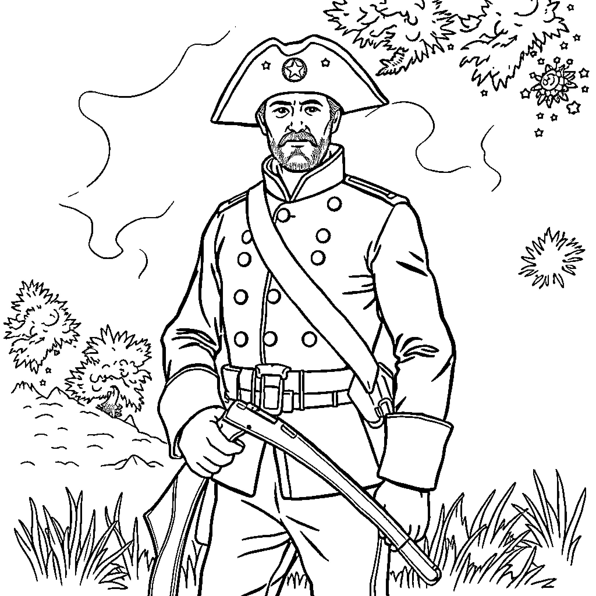 Soldier standing firm with sword and uniform Coloring Page (free black-and-white line drawing printable PDF for all, from beginners to advanced learners, including children, teens, adults, and seniors)