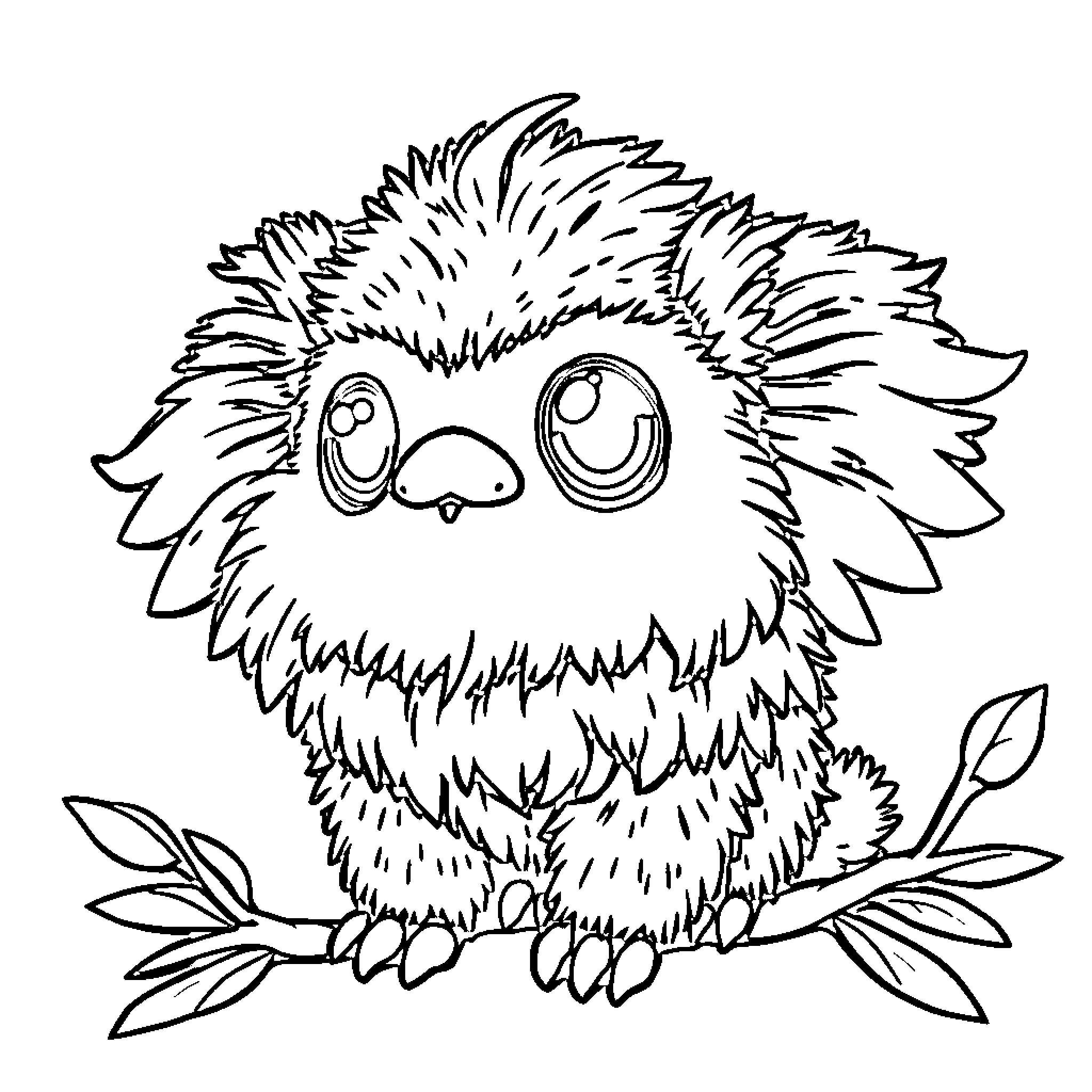 Labubu the Fluffy Owl Resting on a Branch Coloring Page (free black-and-white line drawing printable PDF for all, from beginners to advanced learners, including children, teens, adults, and seniors)