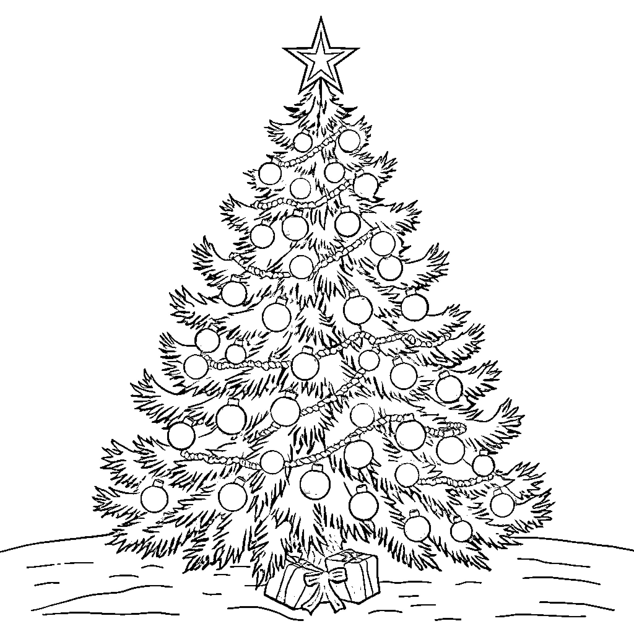 Christmas Tree decorated with ornaments and a star Coloring Page (free black-and-white line drawing printable PDF for all, from beginners to advanced learners, including children, teens, adults, and seniors)