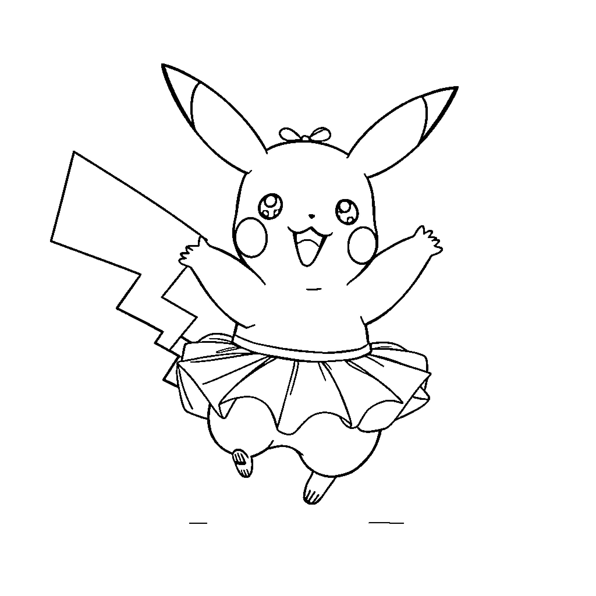 Pikachu in a cute dress happily dancing Coloring Page (free black-and-white line drawing printable PDF for all, from beginners to advanced learners, including children, teens, adults, and seniors)