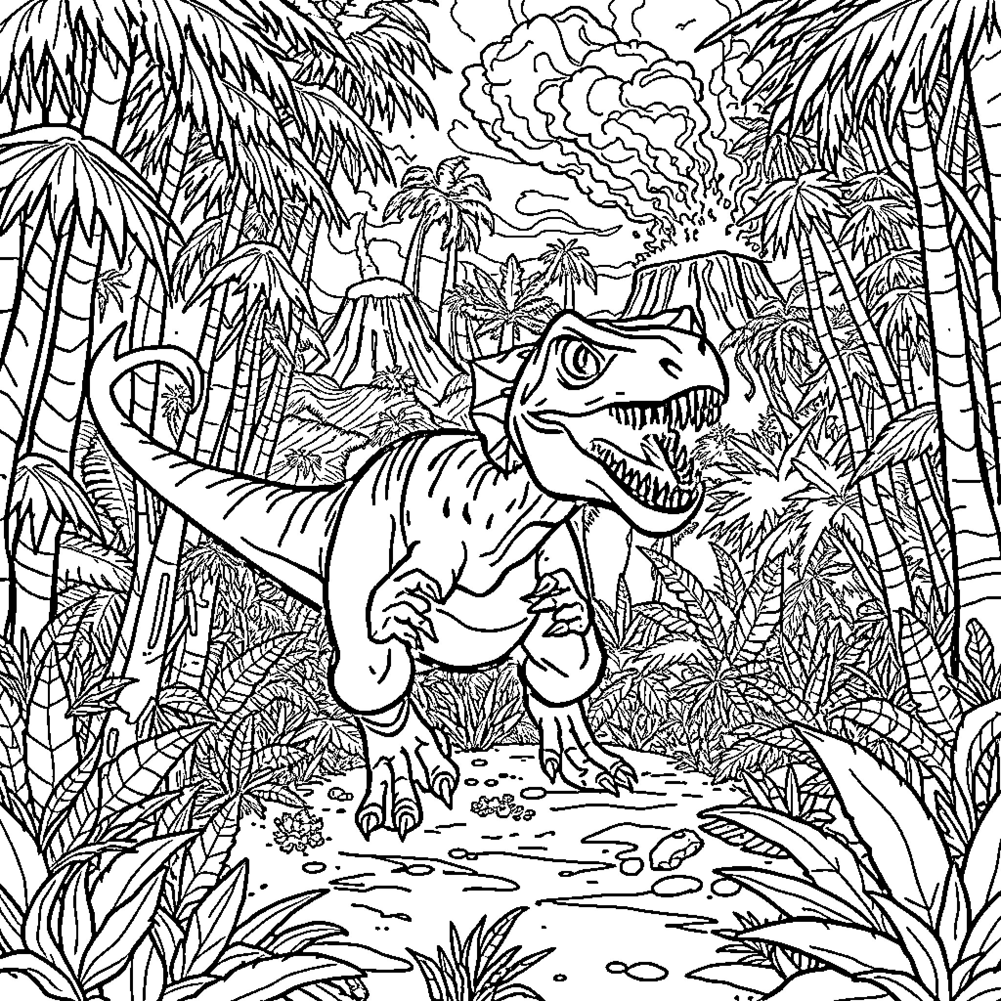 T-Rex exploring the prehistoric jungle landscape Coloring Page (free black-and-white line drawing printable PDF for all, from beginners to advanced learners, including children, teens, adults, and seniors)