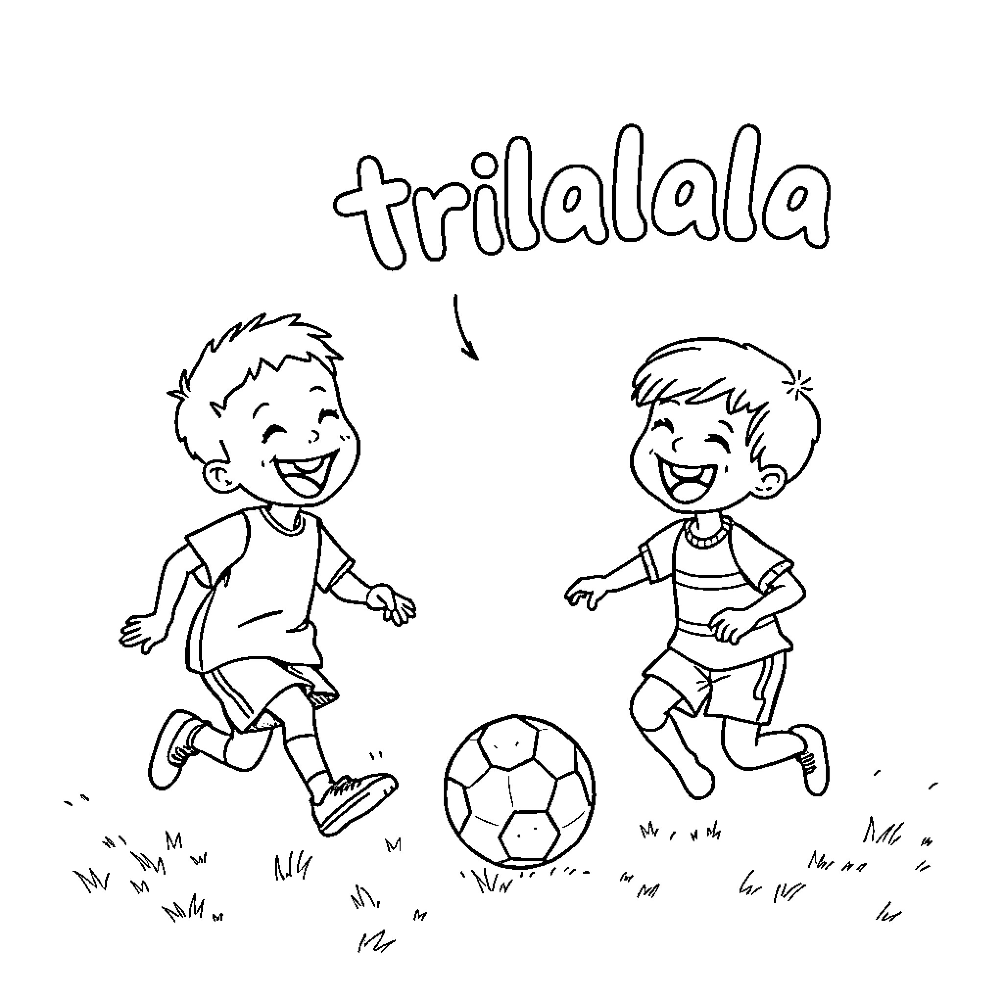 Tralalero: Two children playing joyfully with a soccer ball Coloring Page (free black-and-white line drawing printable PDF for all, from beginners to advanced learners, including children, teens, adults, and seniors)
