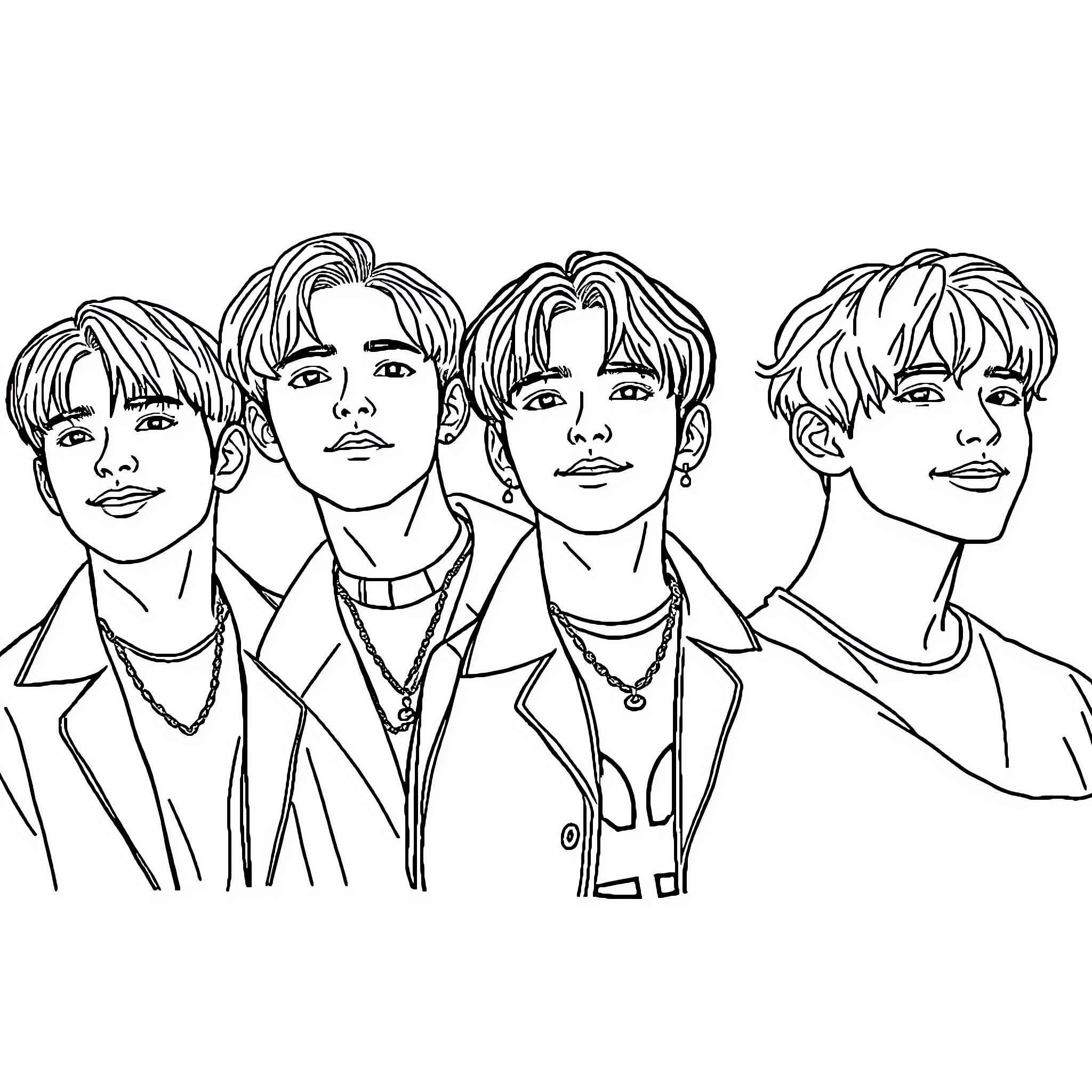 BTS Members in Casual Outfits Coloring Page (free black-and-white line drawing printable PDF for all, from beginners to advanced learners, including children, teens, adults, and seniors)