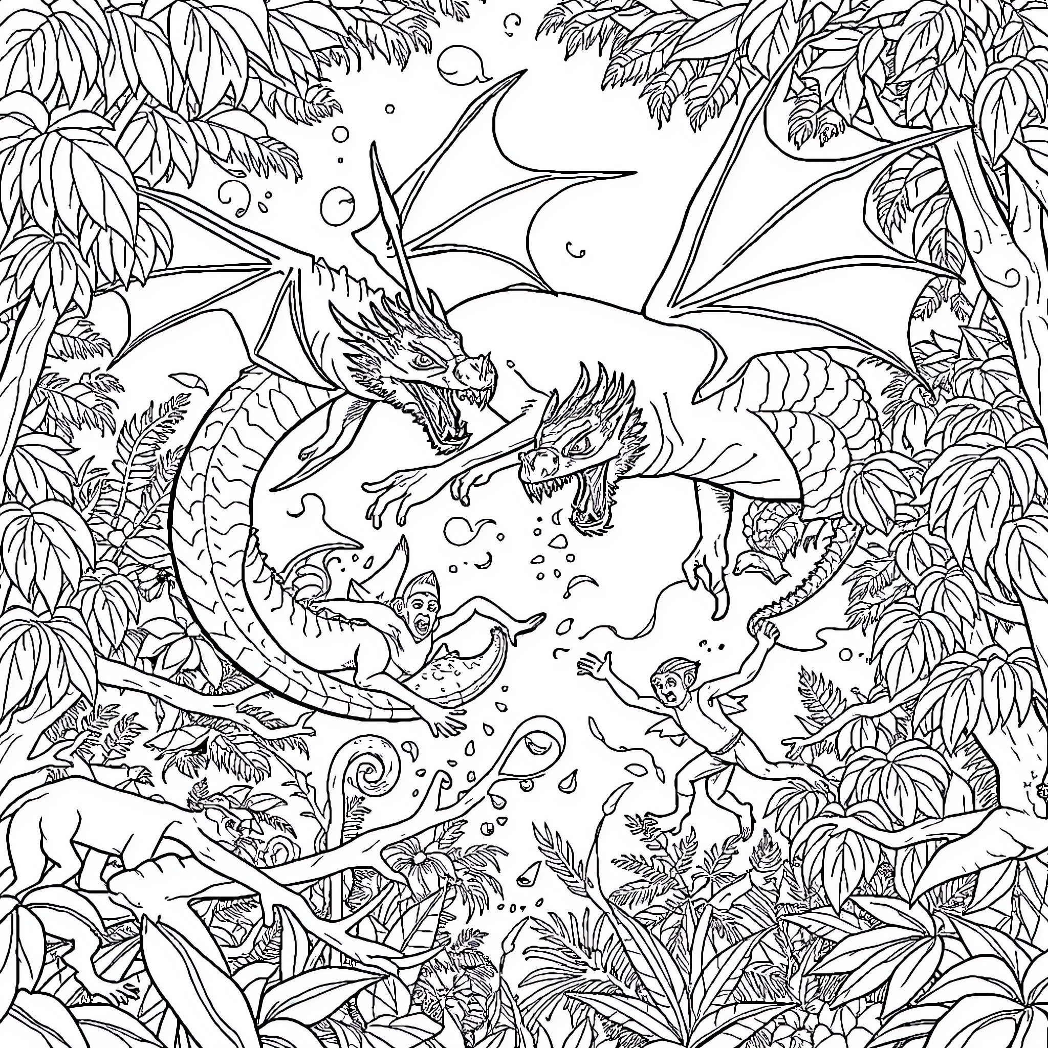 Dragon Soaring in Lush Jungle Landscape Coloring Page (free black-and-white line drawing printable PDF for all, from beginners to advanced learners, including children, teens, adults, and seniors)