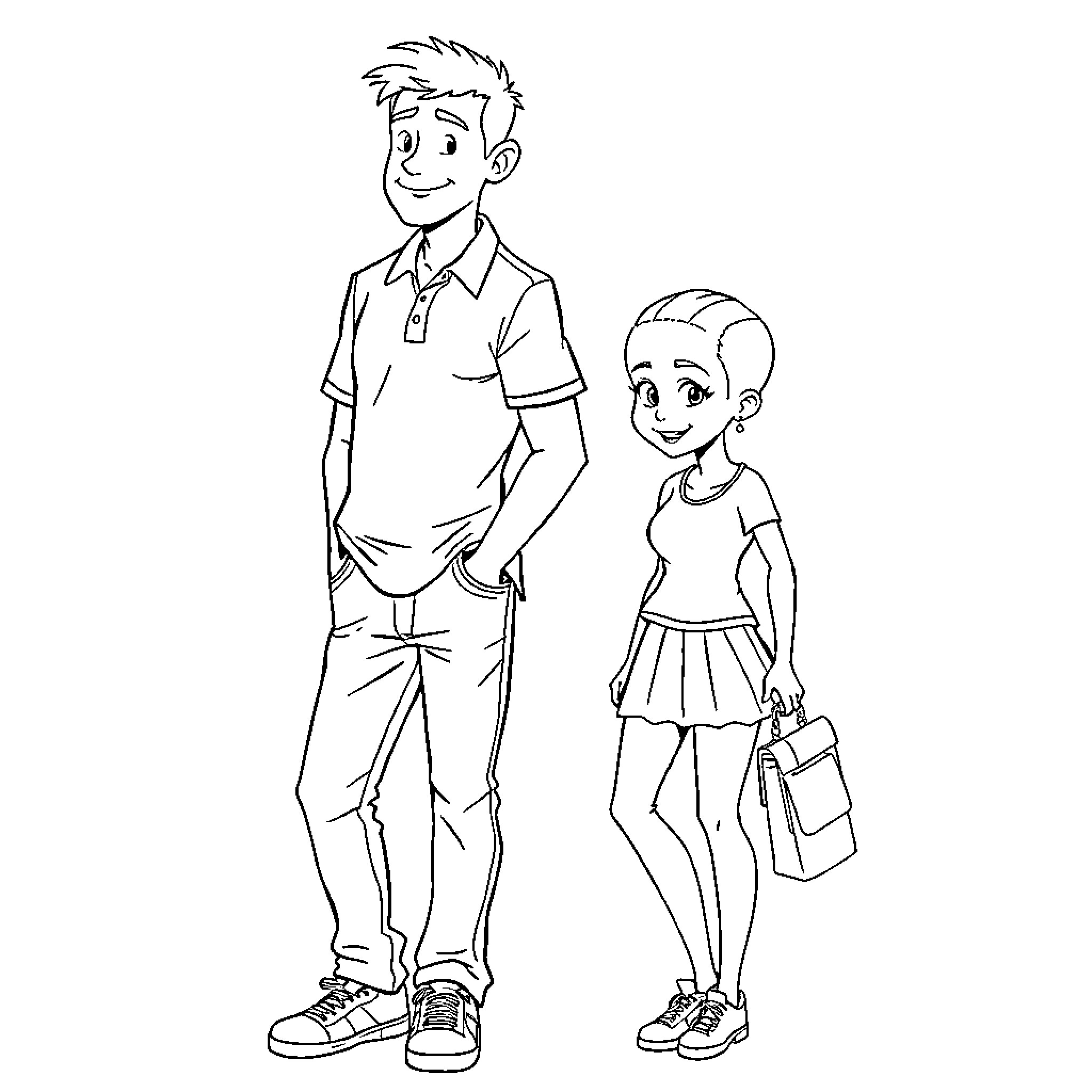 Man and Daughter Enjoying Quality Time Together Coloring Page (free black-and-white line drawing printable PDF for all, from beginners to advanced learners, including children, teens, adults, and seniors)