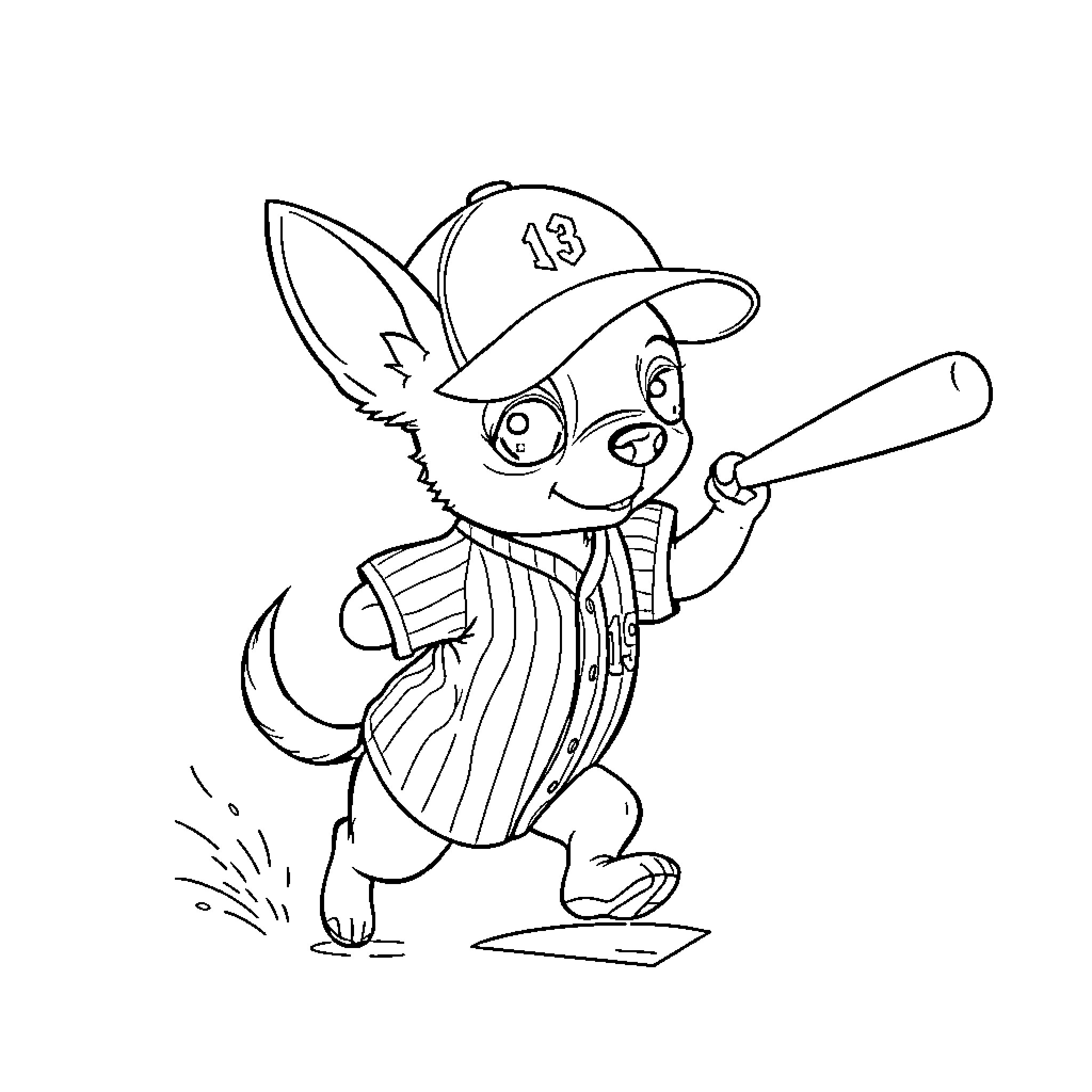 Chihuahua playing baseball on the field Coloring Page (free black-and-white line drawing printable PDF for all, from beginners to advanced learners, including children, teens, adults, and seniors)