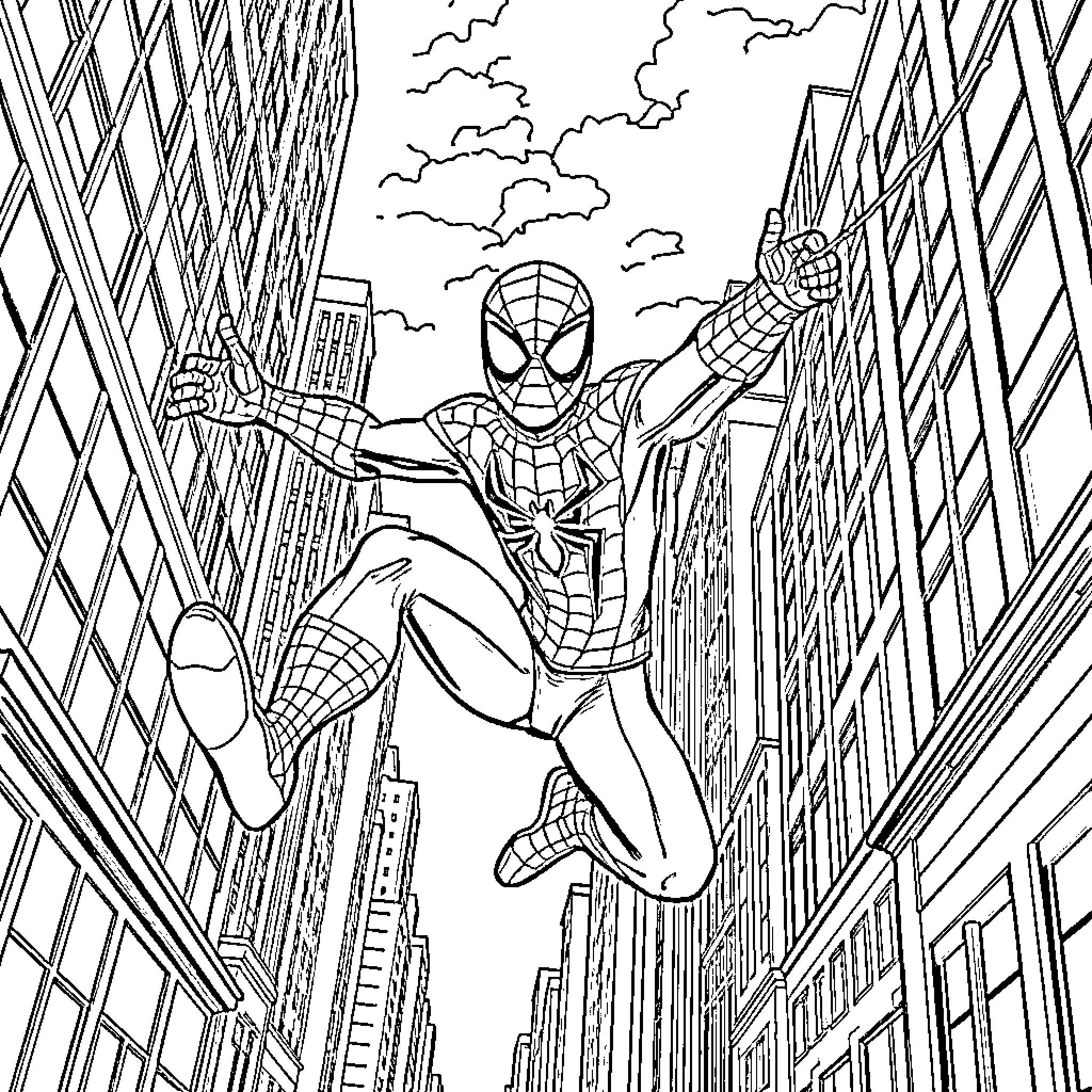 Spiderman swinging through a city skyline Coloring Page (free black-and-white line drawing printable PDF for all, from beginners to advanced learners, including children, teens, adults, and seniors)