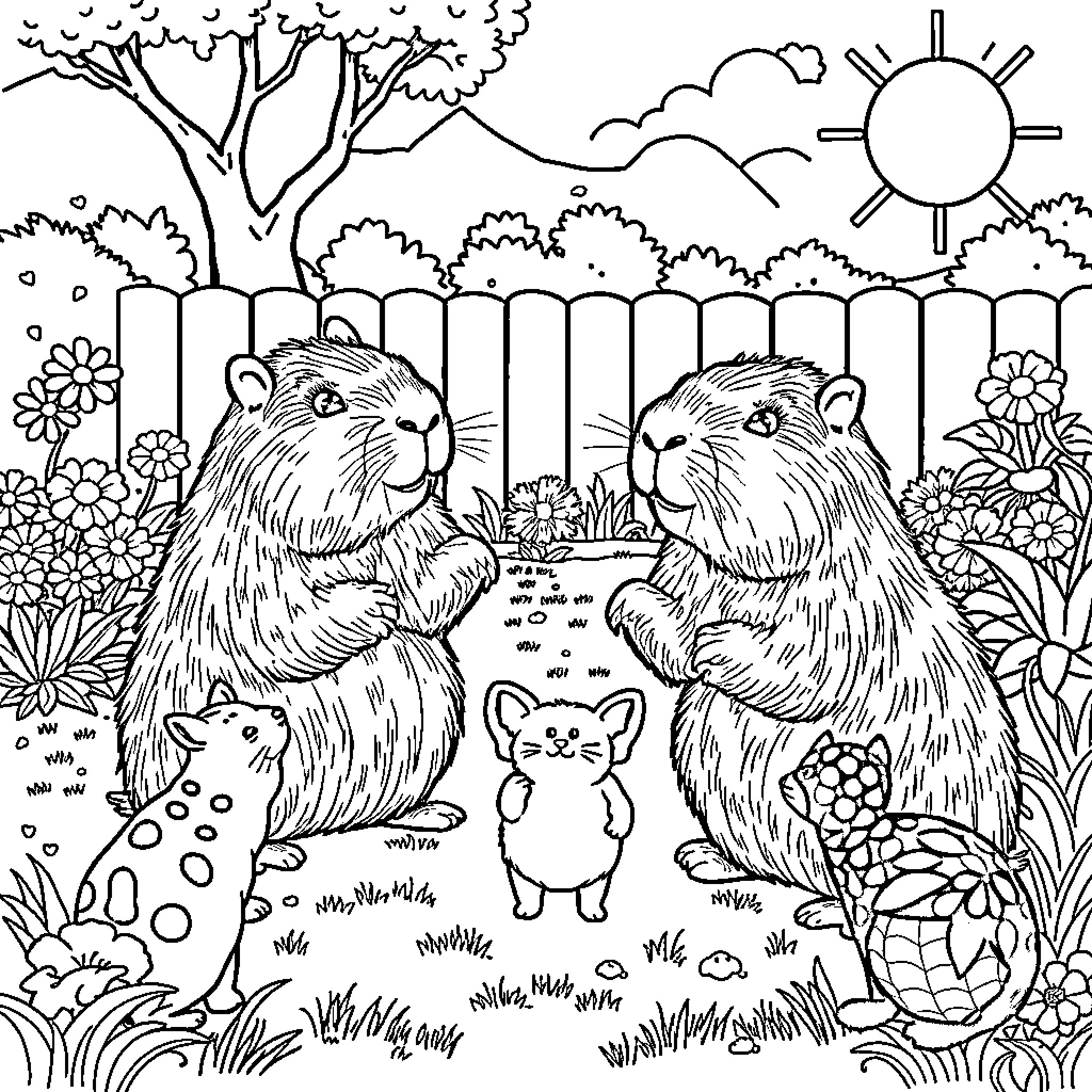 Capybara family in a garden Coloring Page (free black-and-white line drawing printable PDF for all, from beginners to advanced learners, including children, teens, adults, and seniors)