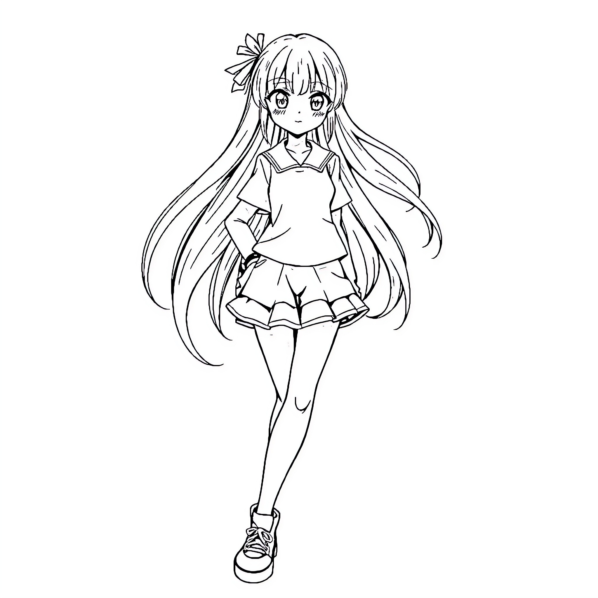 Anime Girl with Long Hair and Cheerful Expression Coloring Page (free black-and-white line drawing printable PDF for all, from beginners to advanced learners, including children, teens, adults, and seniors)