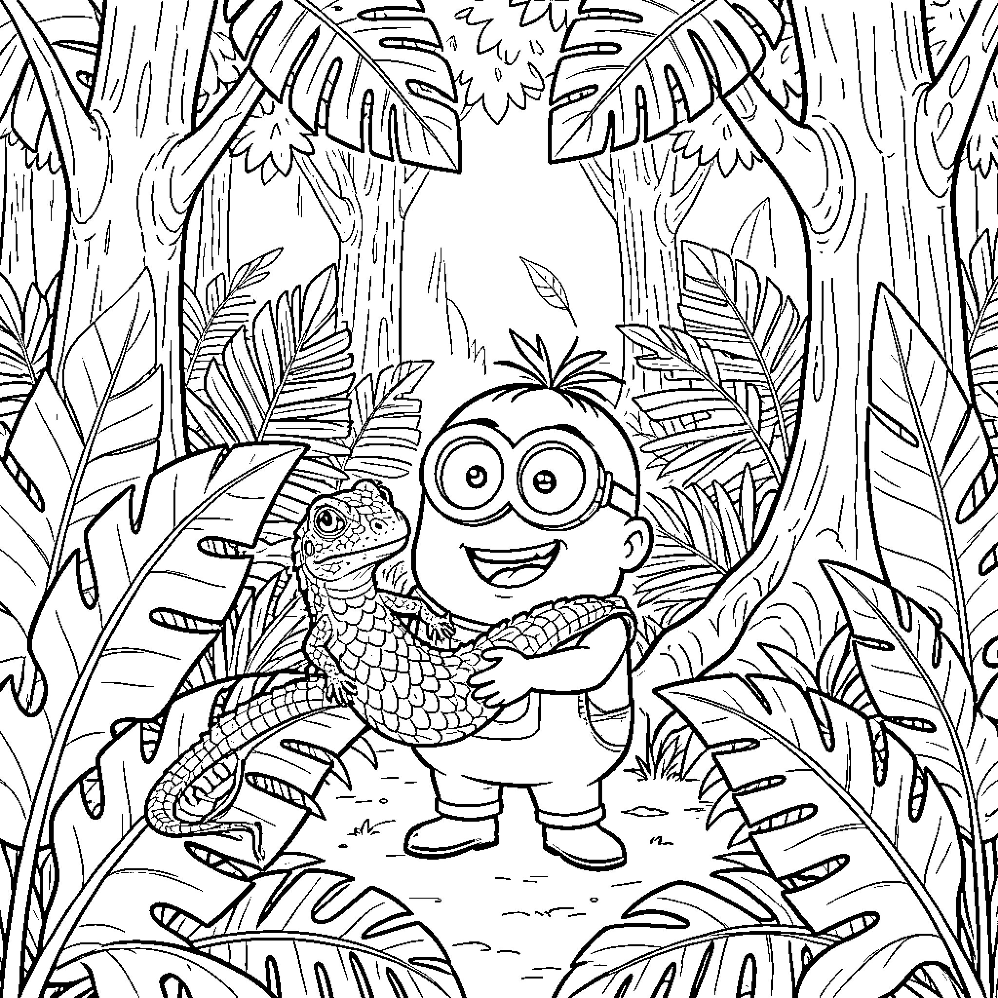 Minion smiling while holding a large lizard in the jungle Coloring Page (free black-and-white line drawing printable PDF for all, from beginners to advanced learners, including children, teens, adults, and seniors)