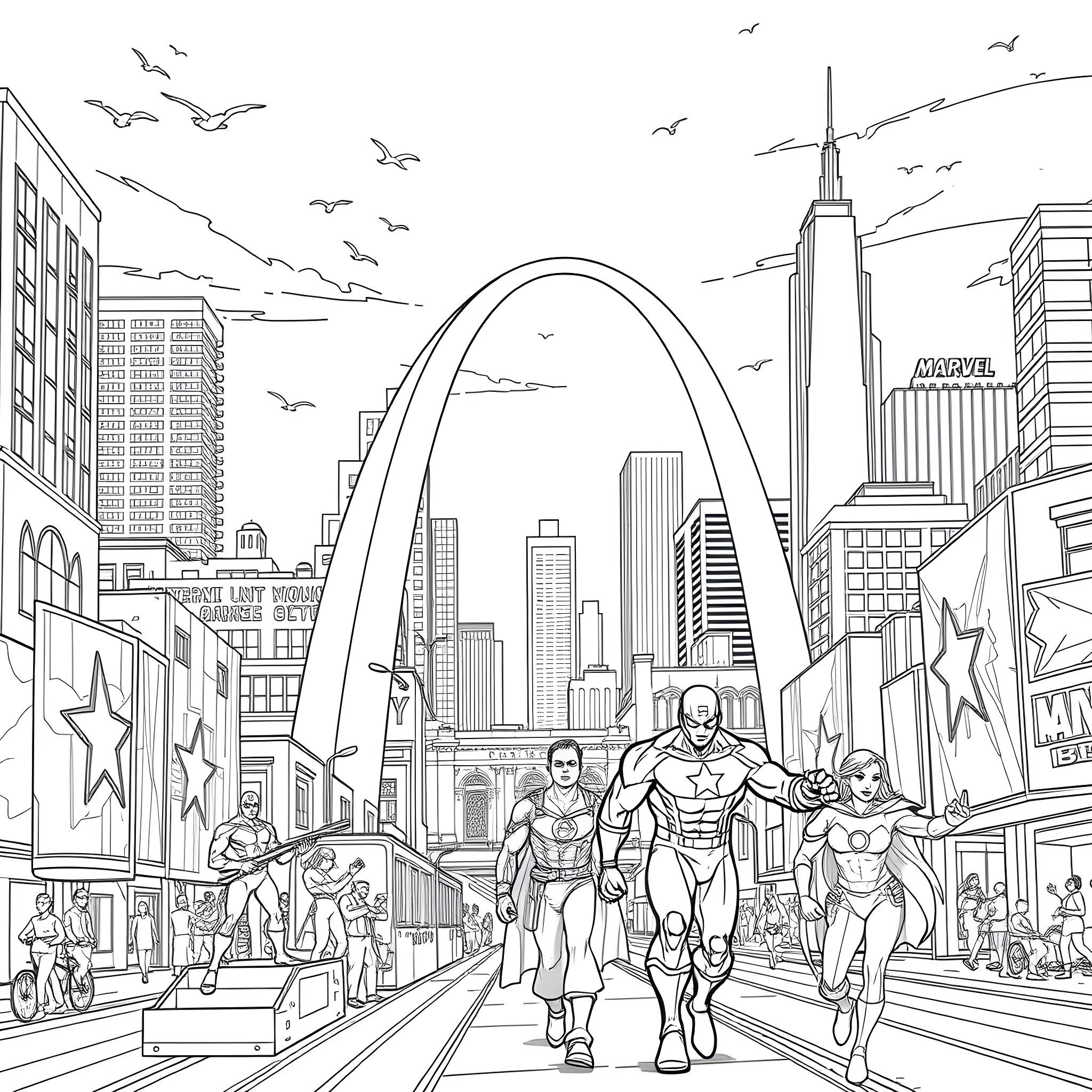 Marvel Characters in an Urban Superhero Adventure Coloring Page (free black-and-white line drawing printable PDF for all, from beginners to advanced learners, including children, teens, adults, and seniors)