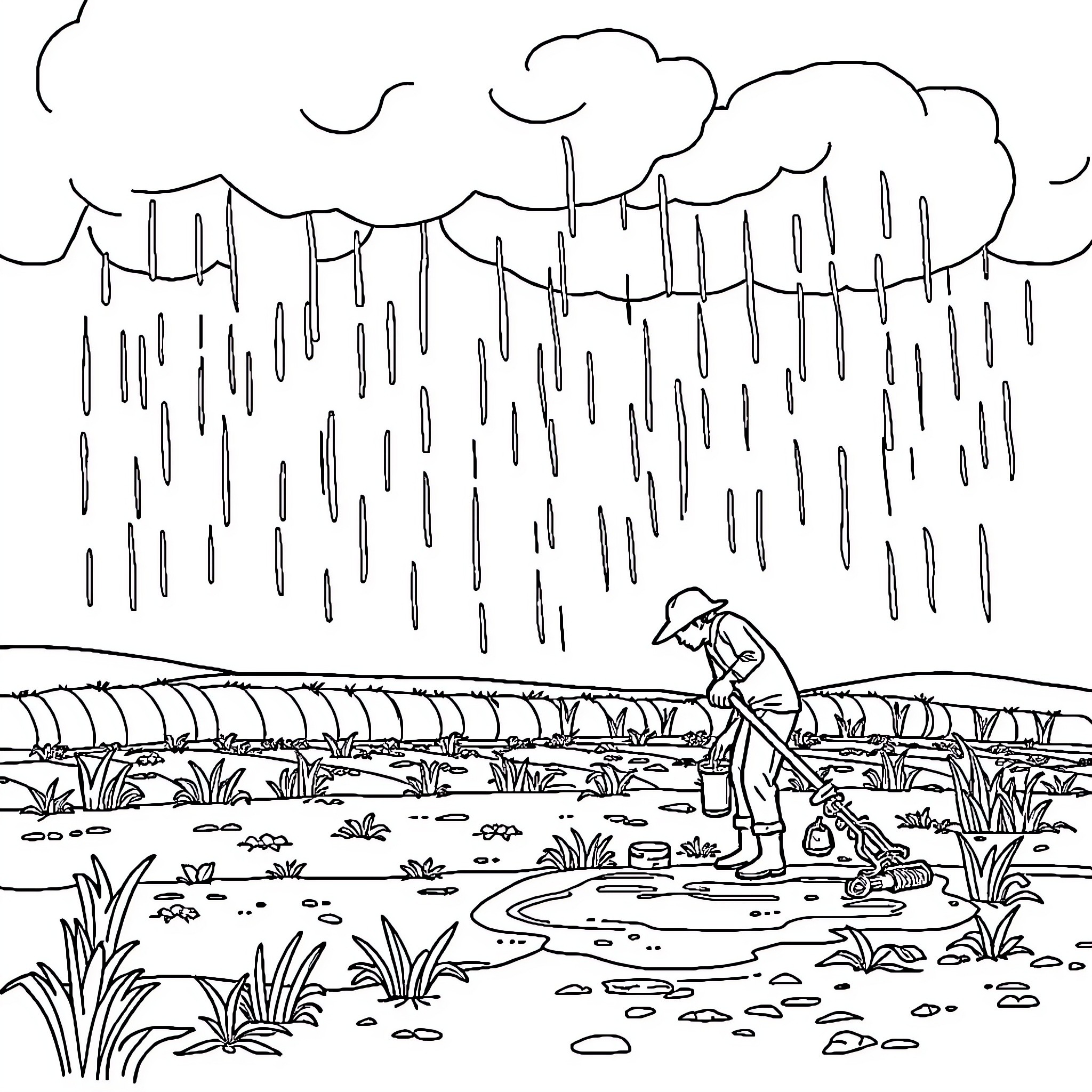Farmer tending to crops in rainy weather Coloring Page (free black-and-white line drawing printable PDF for all, from beginners to advanced learners, including children, teens, adults, and seniors)